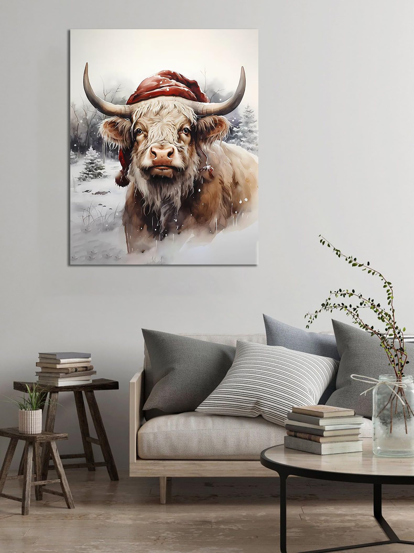 Merry Christmas Cow Canvas Wall Art Highland Cow Canvas Wall Decor Holly Farmhouse House Canvas Poster Decor Xmas Holiday Decora