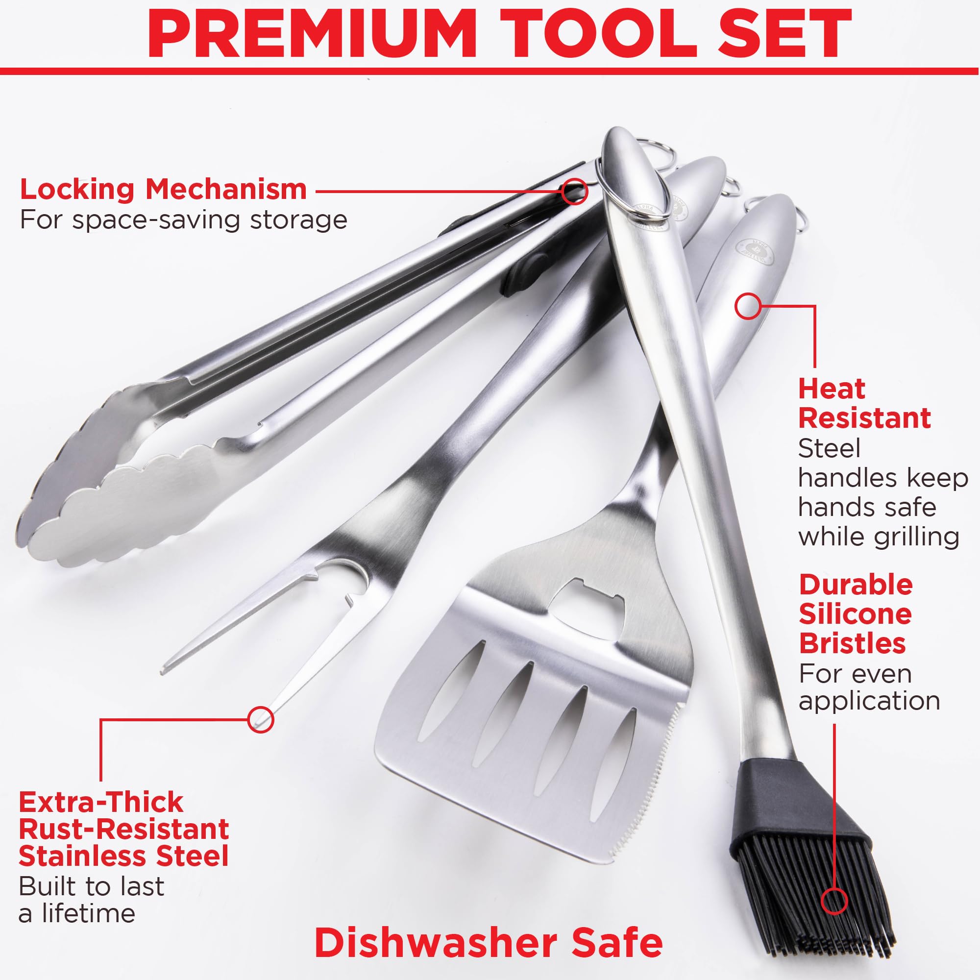 Alpha Grillers Grill Set Heavy Duty BBQ Accessories - BBQ Gifts Tool Set 4pc Grill Accessories with Spatula  Fork  Brush & BBQ Tongs - Grilling Cooking Gifts for Men Dad Durable  Stainless Steel