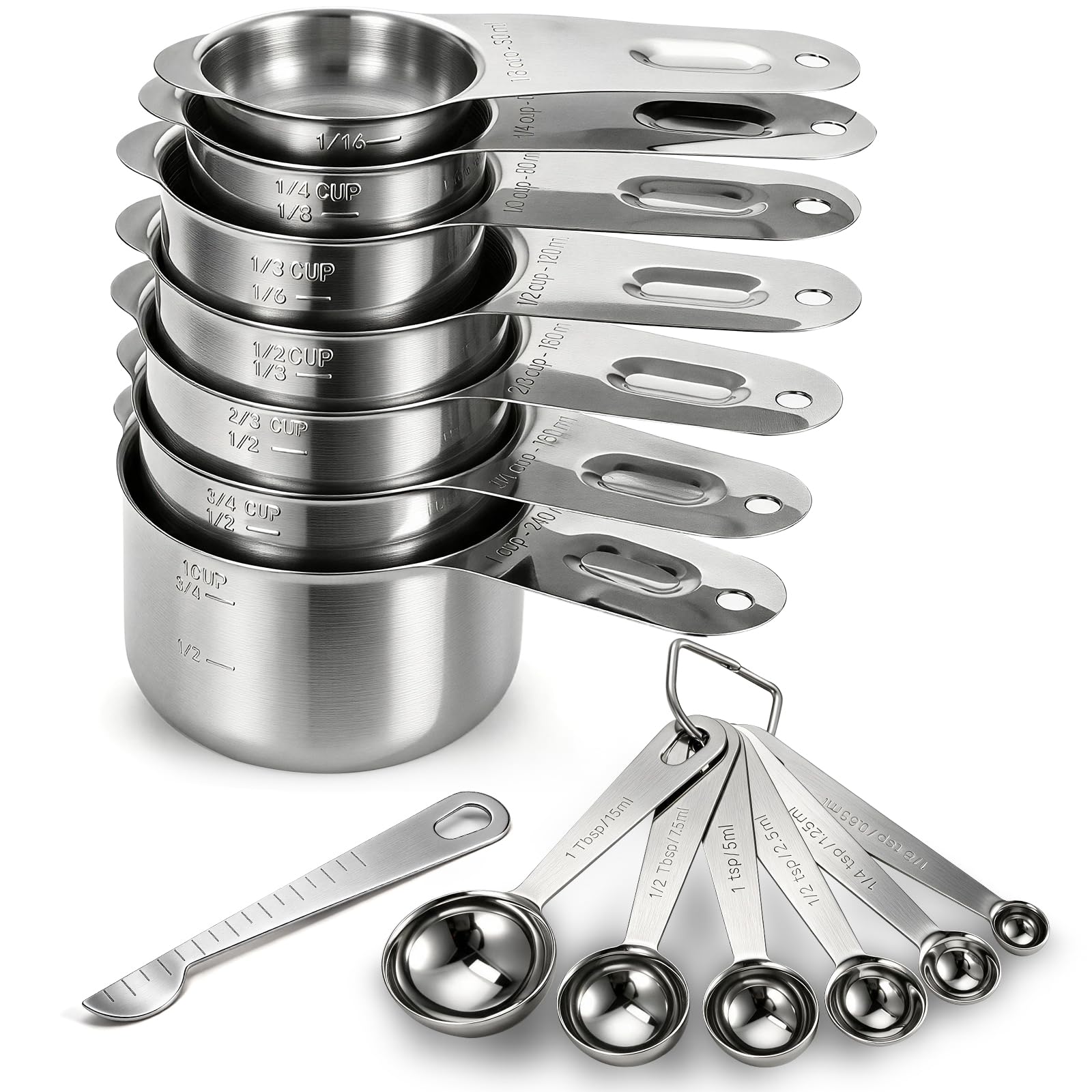 Bopei 14Piece 18/8 Stainless Steel Measuring Cups and Spoons Set, Silver