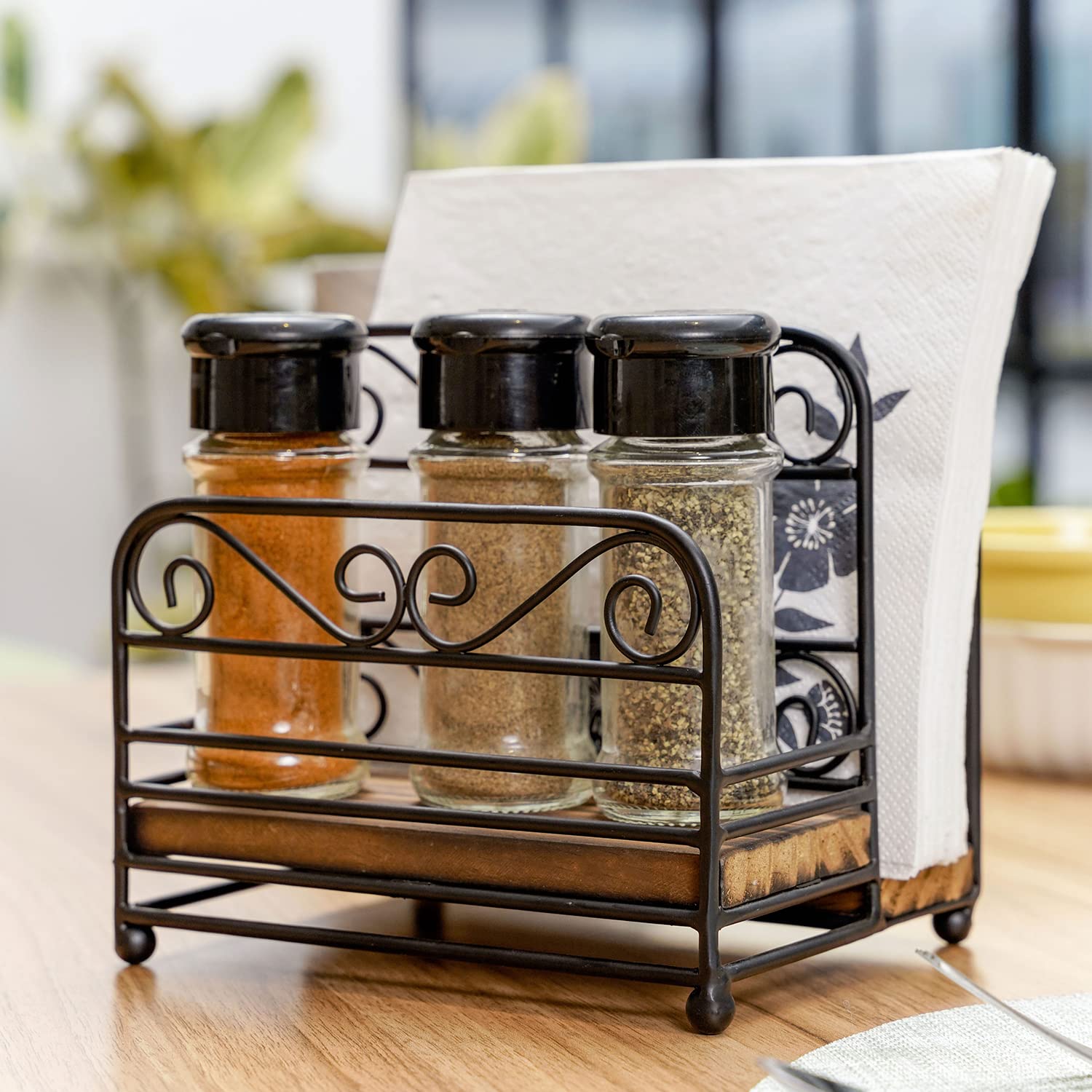 Mygift 2-In-1 Disposable Napkin And Salt & Pepper Caddy, Black Metal Vintage Scrollwork Dinner Table Paper Towel Condiment Holde