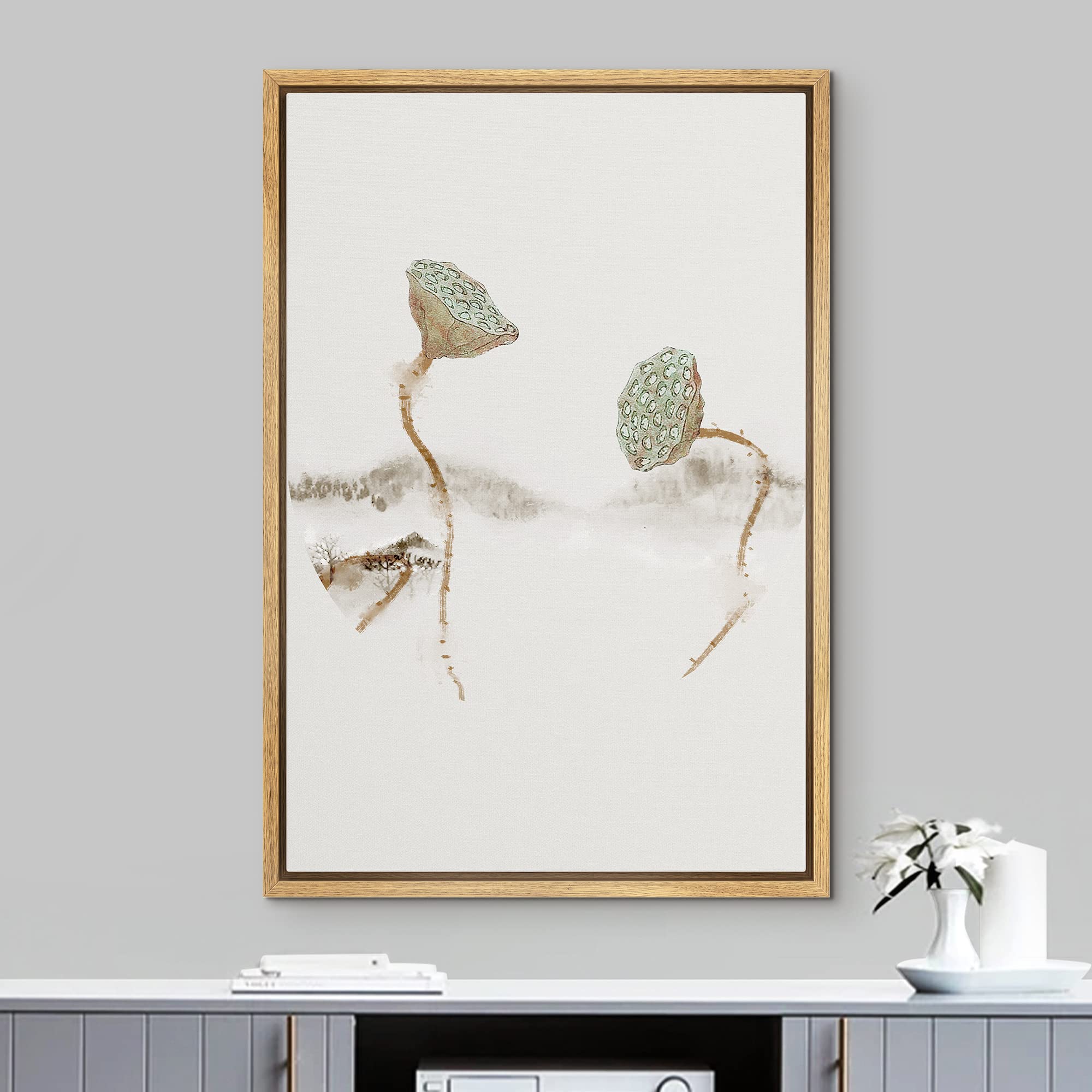 NWT Framed Canvas Print Wall Art Vintage Retro Watercolor Style Flower Seed Pod Nature Wilderness Illustrations Modern Art Rustic Colorful Pastel for Living Room  Bedroom  Office - 24''x36'' Natural