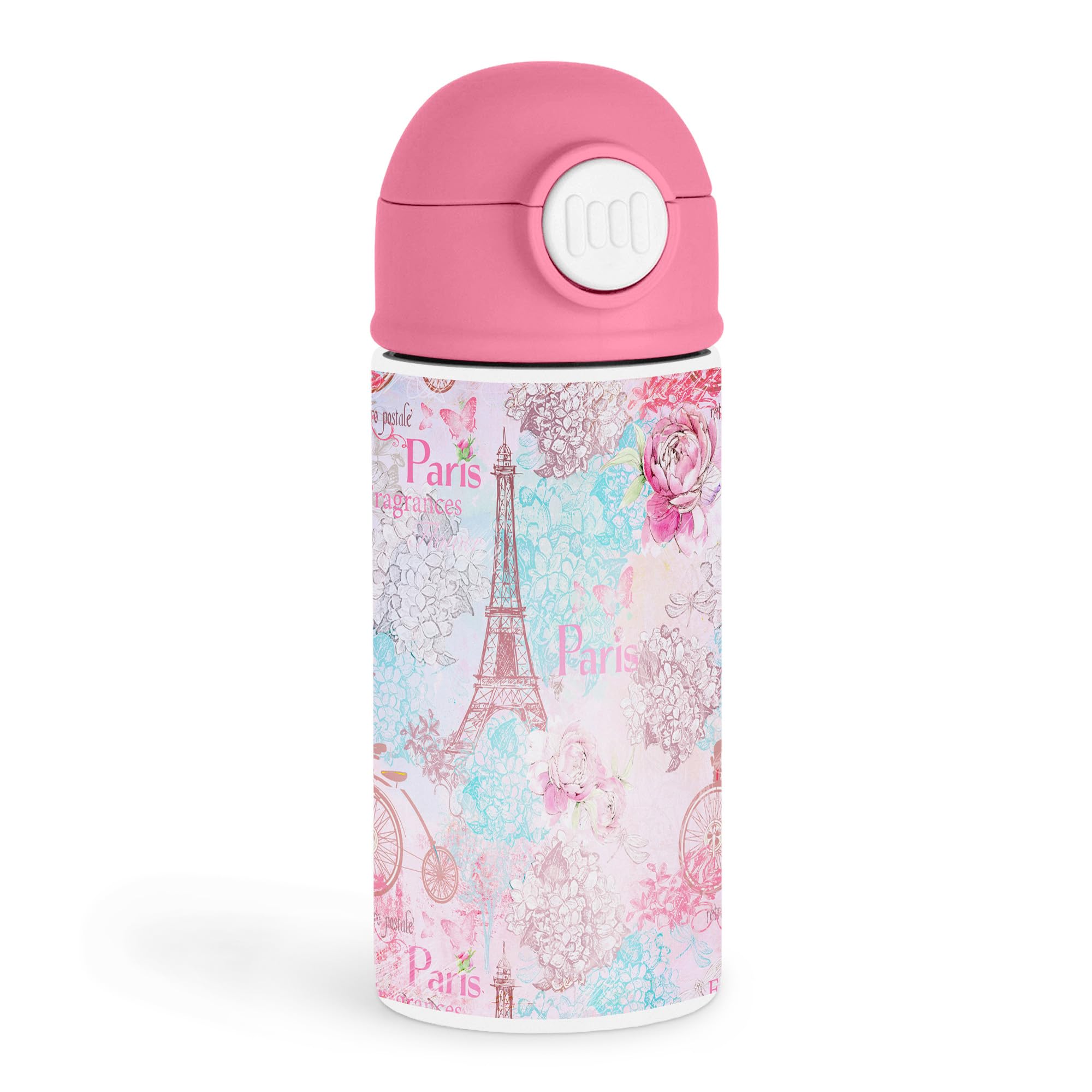 Sweet Paris Lover 12oz Kids Pink Bottle  Eiffel Tower with floral pastel patterns in pink and blue  School, Playdates