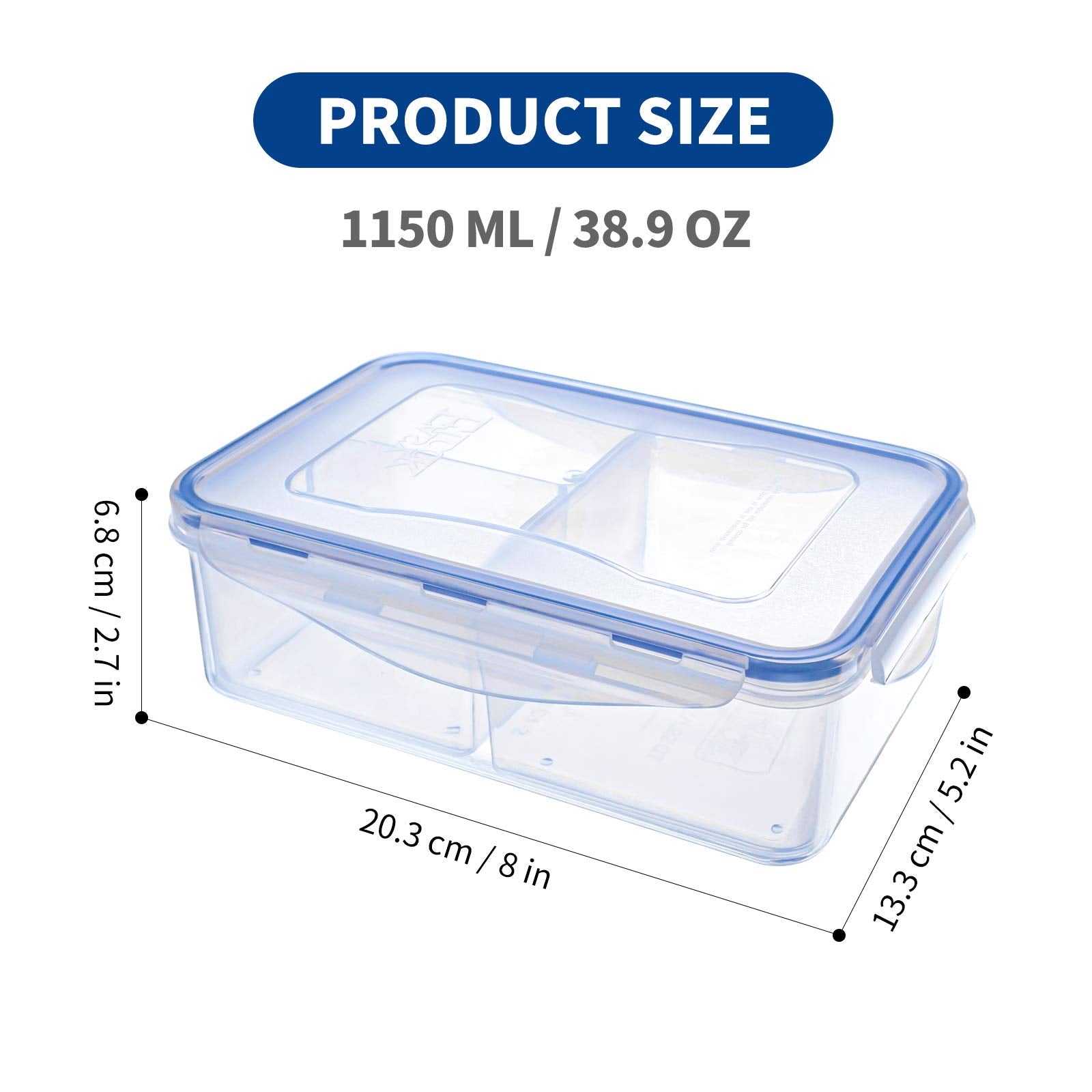 Kigi [2 Pack] 38.9Oz Rectangular Plastic Bento Box With 3 Compartments Airtight Food Storage Containers For Kitchen And Office