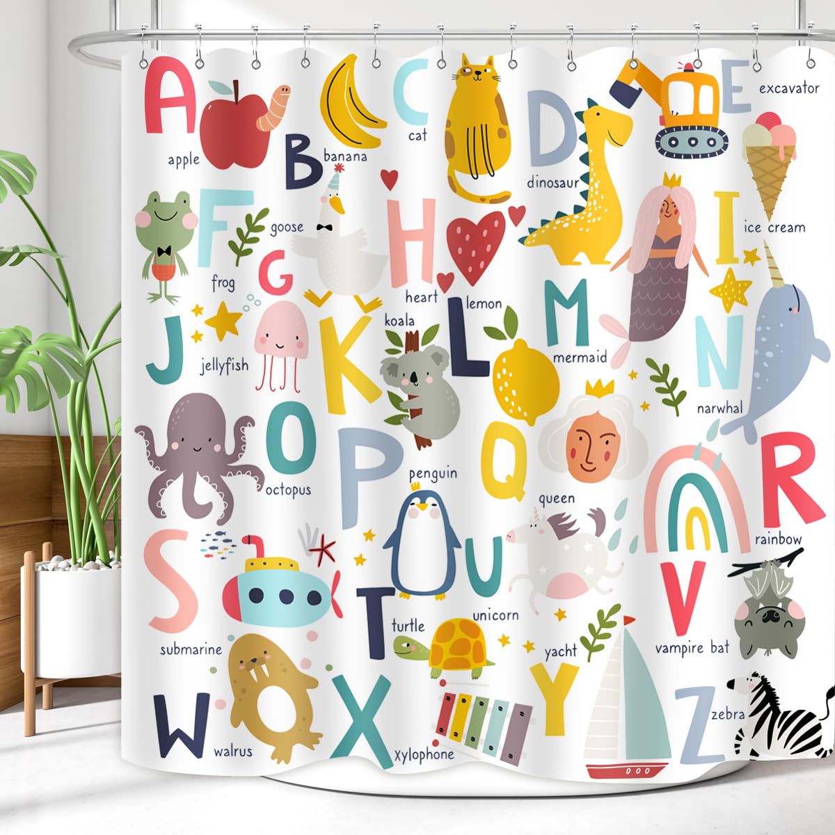 Zxmbf Alphabet Shower Curtain Kids Abc Educational Learning Tool Baby Cartoon Animals Girls Boys Colorful Bathroom Decor Waterpr