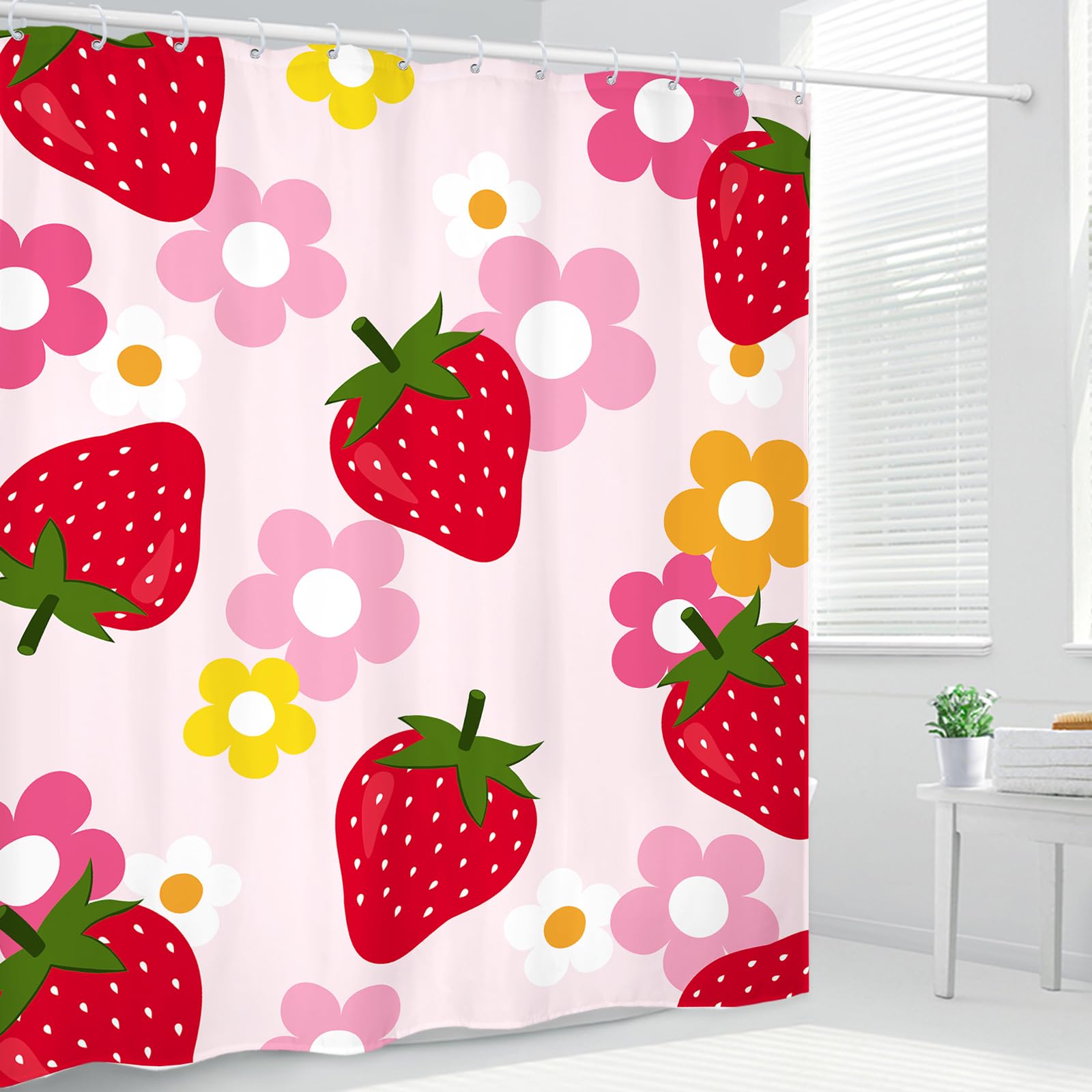 Kalmico Cute Strawberry Fruit Shower Curtain 60Wx72L Inch Girls Flower Floral Y2K Pink Red Bathroom Set Accessories Decor Polyes