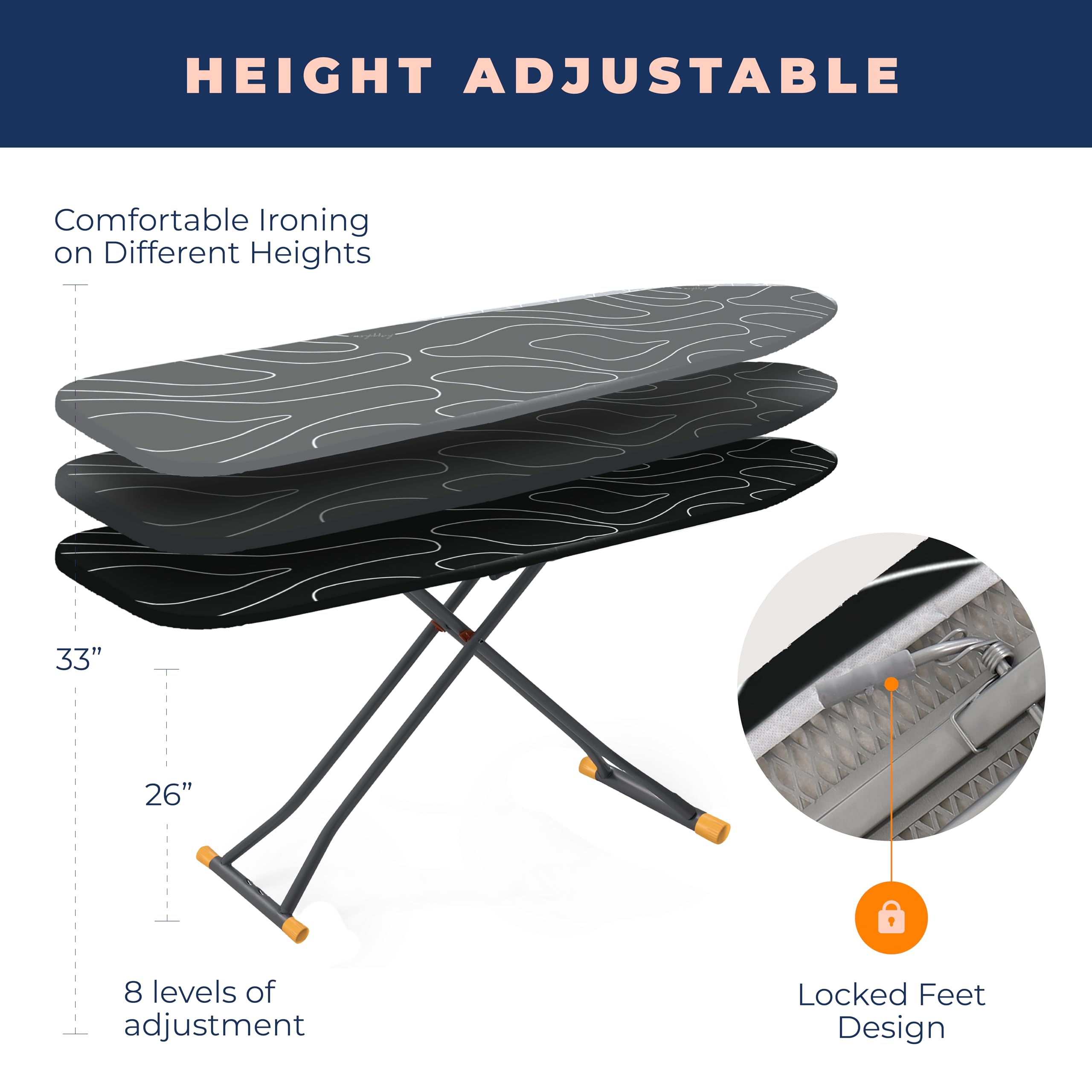 Happhom Ironing Board, Compact And Space Saver Patented Ironing Board With Extra Thick Heavy Duty Padded Cover, Height Adjustabl