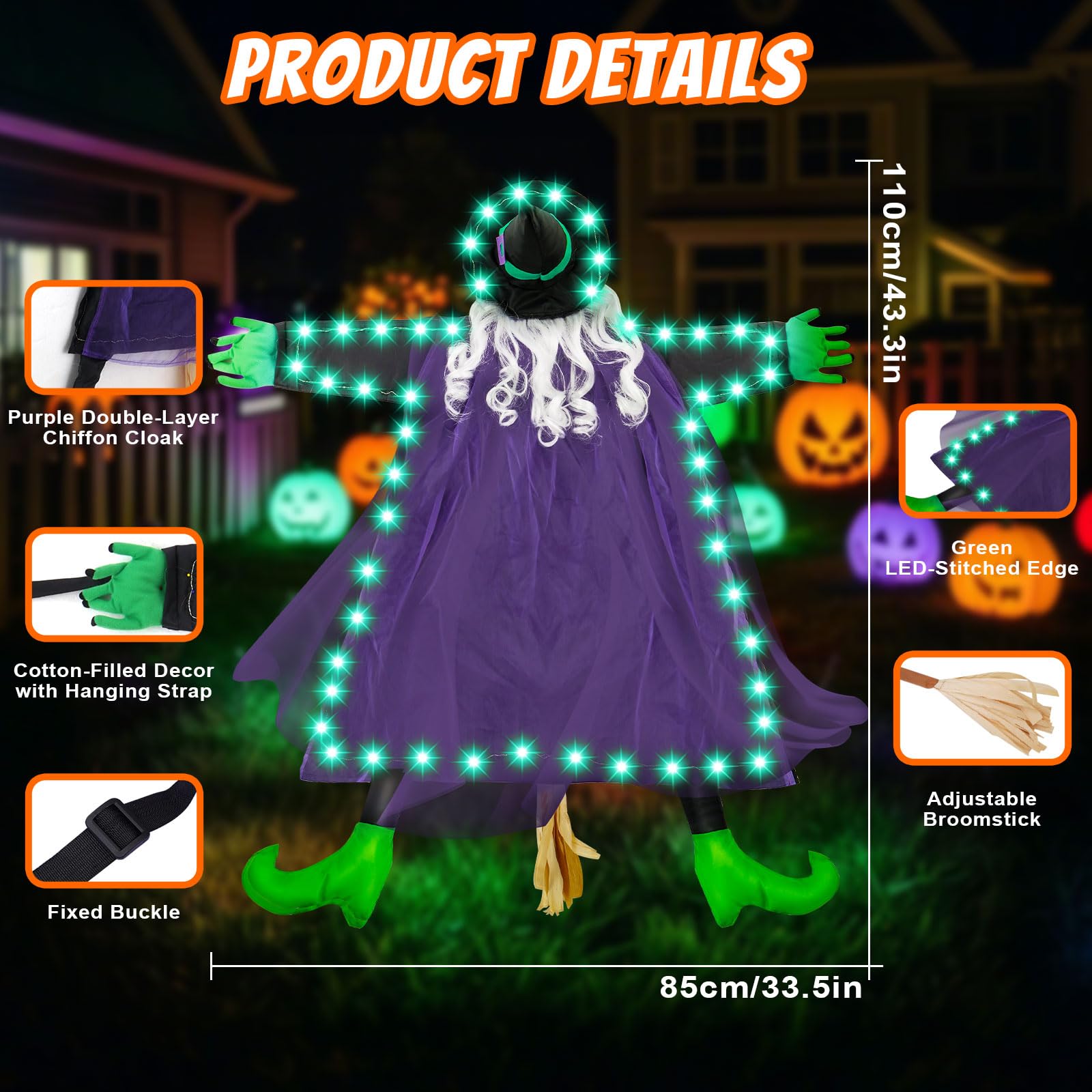 amadecohome Solar Halloween Decorations Outdoor Witches, 43 Flying Witch Crashing into Tree Hallowen Decor on Broom, Halloween W