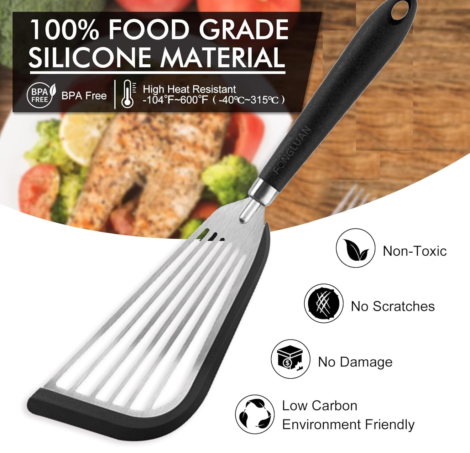 Fongluan Stainless-Steel Slotted Flex Fish Turner, Set Of 2, Kitchen Spatulas For Nonstick Cookware, Cooking Utensils For Flippi