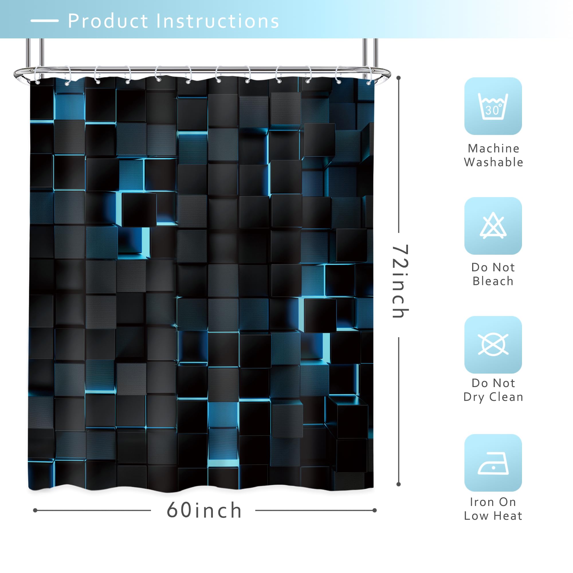 Riyidecor Black Navy Blue Wall Shower Curtain 60Wx72H Inch Abstract Brick Modern 3D Gradient Design Futuristic Cubes Geometric P