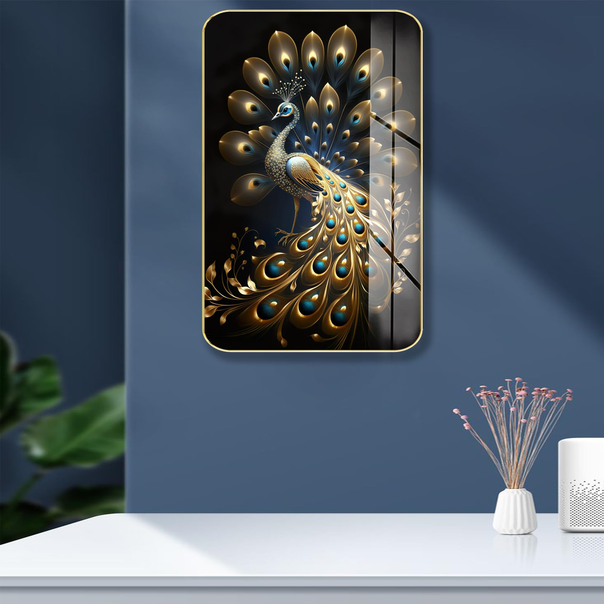 Masstone Peacock Golden Effect High Gloss Surface Golden Slim Frame, 45X30 Cm  Wall Art For Living Room, Bedroom, And Office Dco