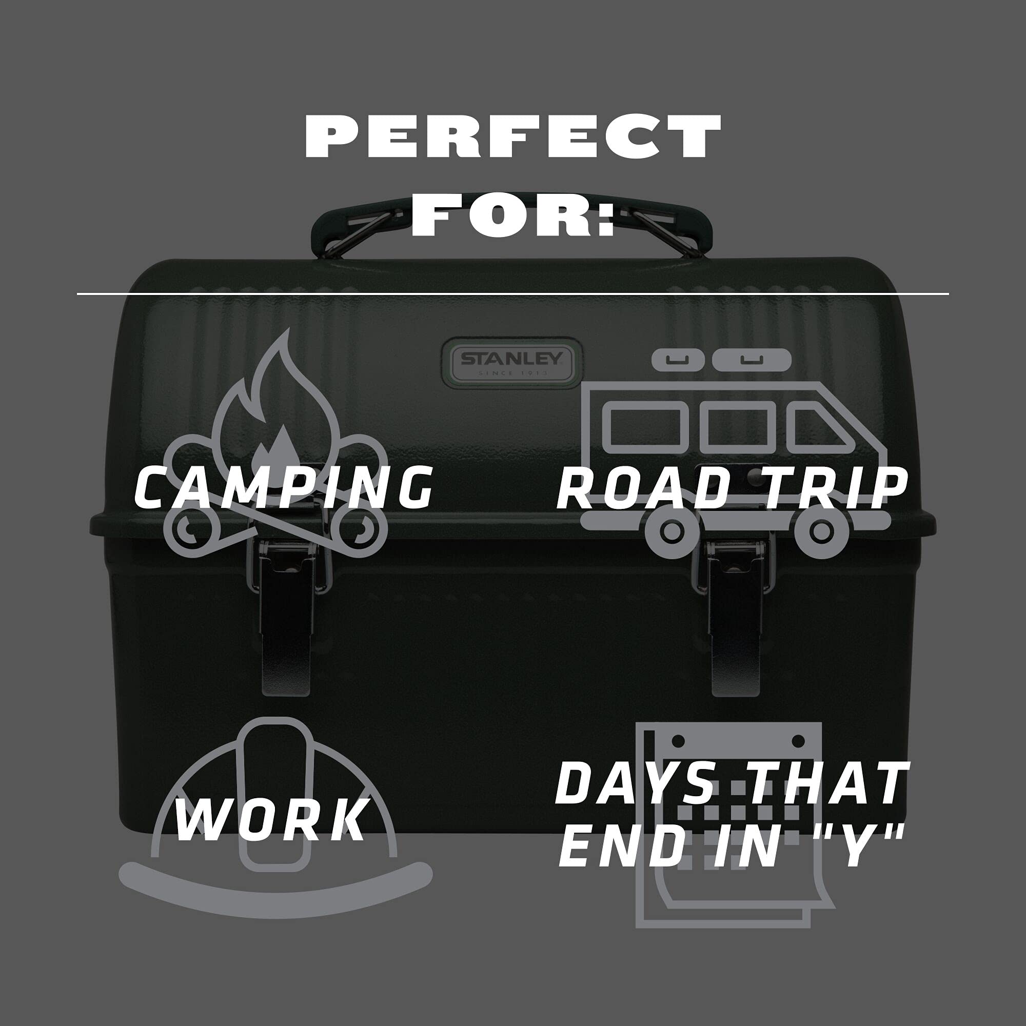 Stanley Classic 10Qt Lunch Box - Large Lunchbox - Fits Meals, Containers, Thermos - Easy To Carry, Built To Last - Matte Black