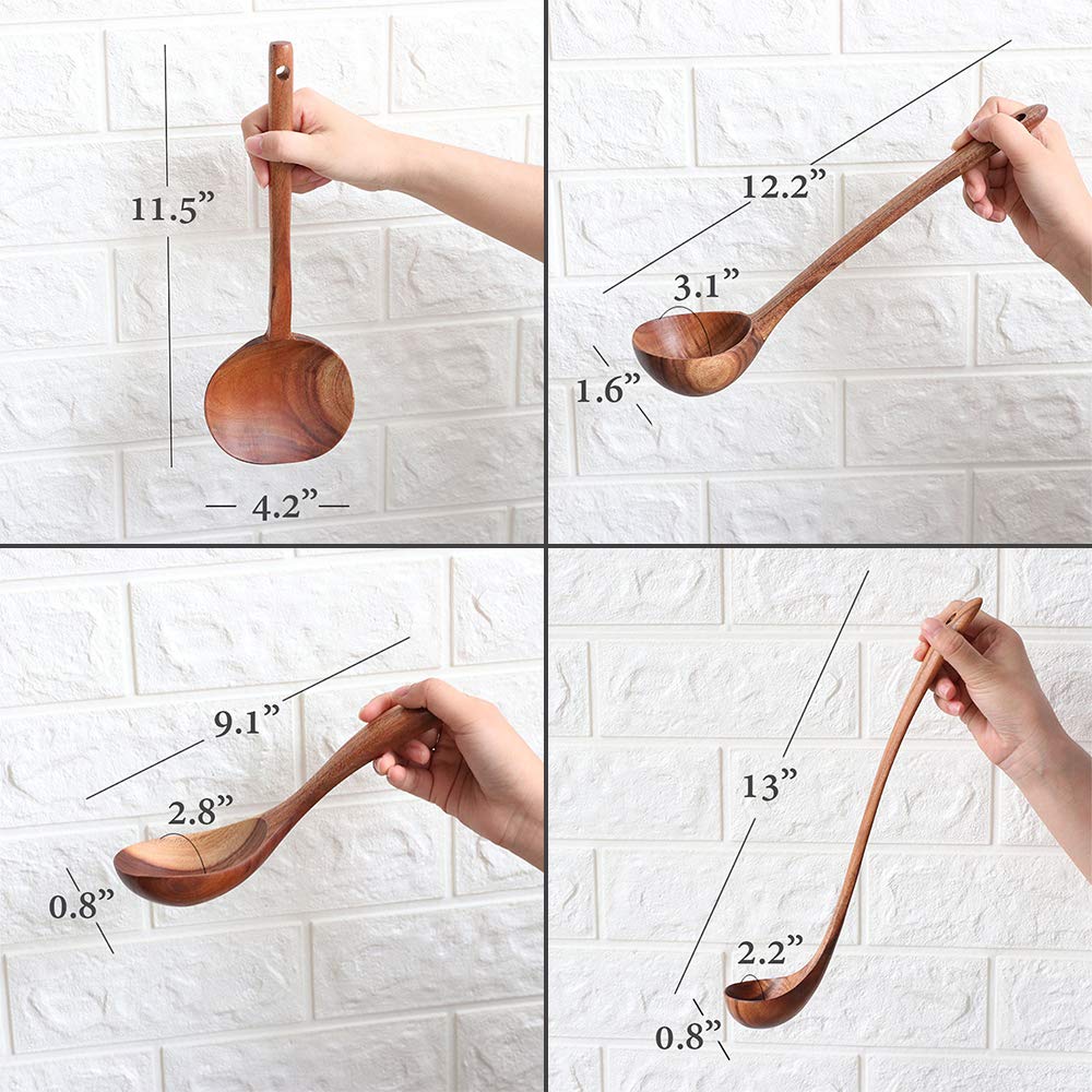 Fjnatinh Wooden Soup Ladle Set, Kitchen Spoon Set Utensils, 4 Pcs Handmade Natural Teak Cooking Spoons, Long Handle Wooden Soup