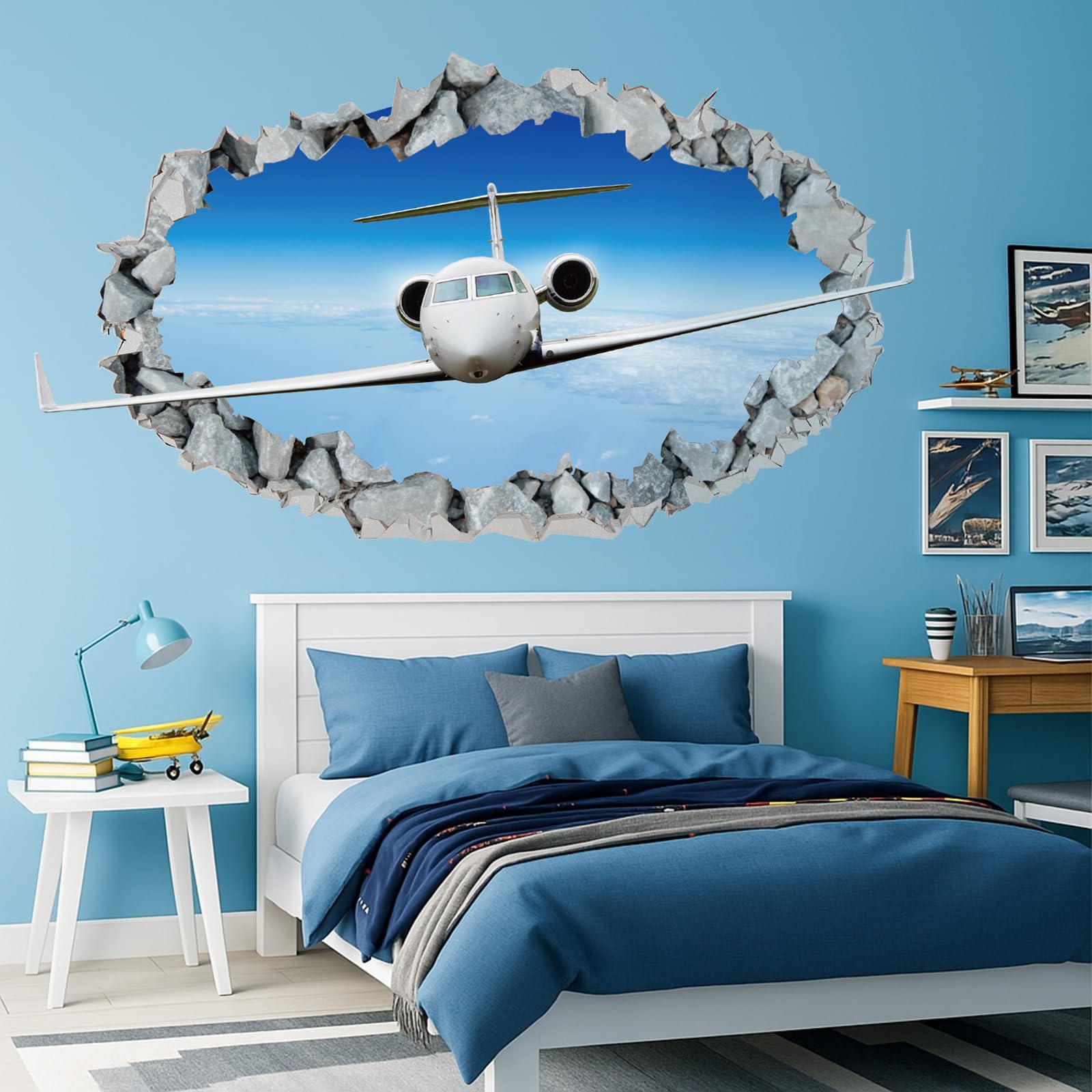 Drydiet Jet Airplane Wall Decal 3D Smashed Plane Sticker Bedroom Decor Room Mural Removable Wall Art Aviation Theme Gift for Avi