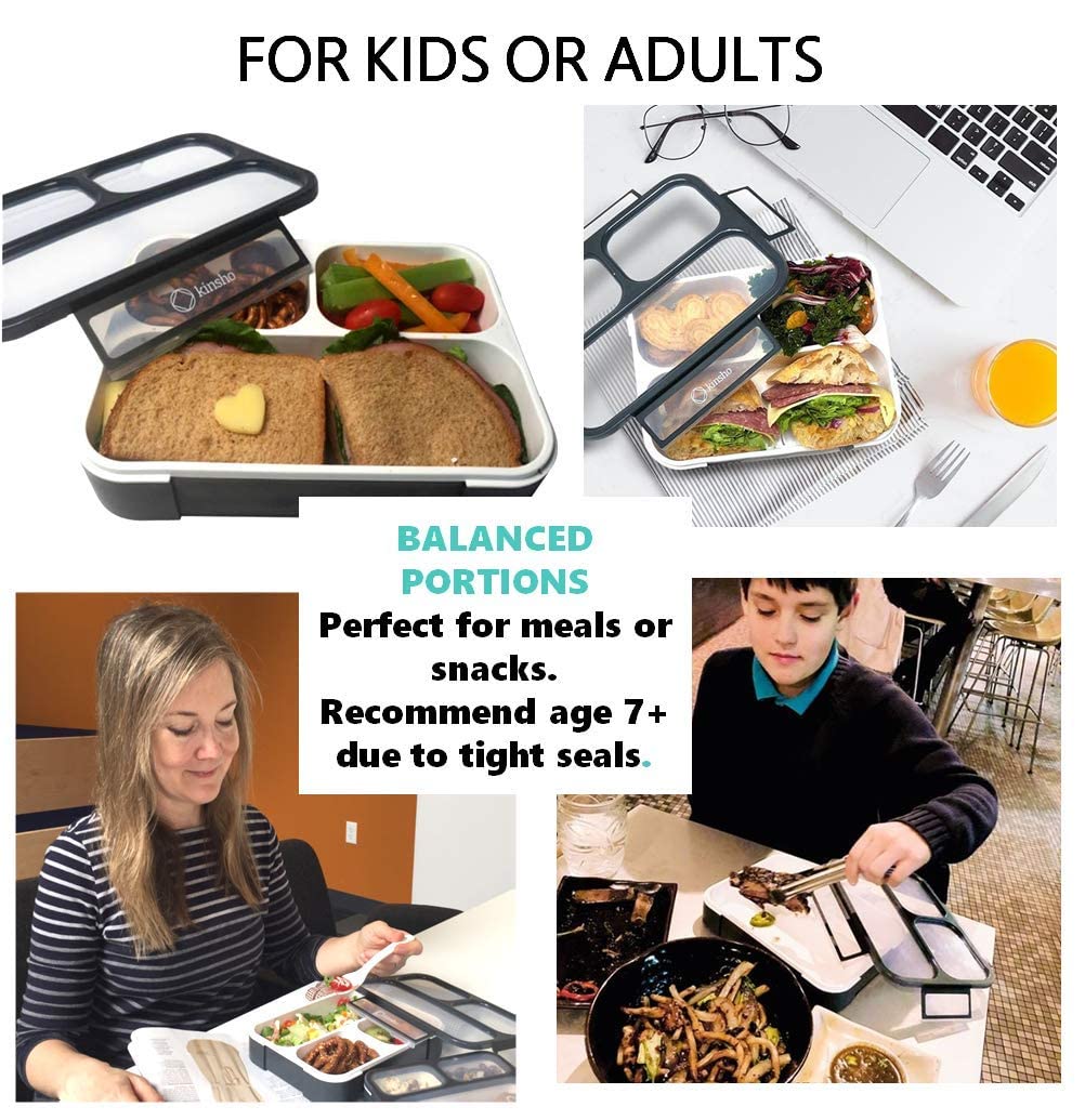 Bento Lunch Box For Adults, Kids | Leakproof Meal Prep Portion Control Boxes Japanese Style For Boys Teens 3 Compartment Slim Co