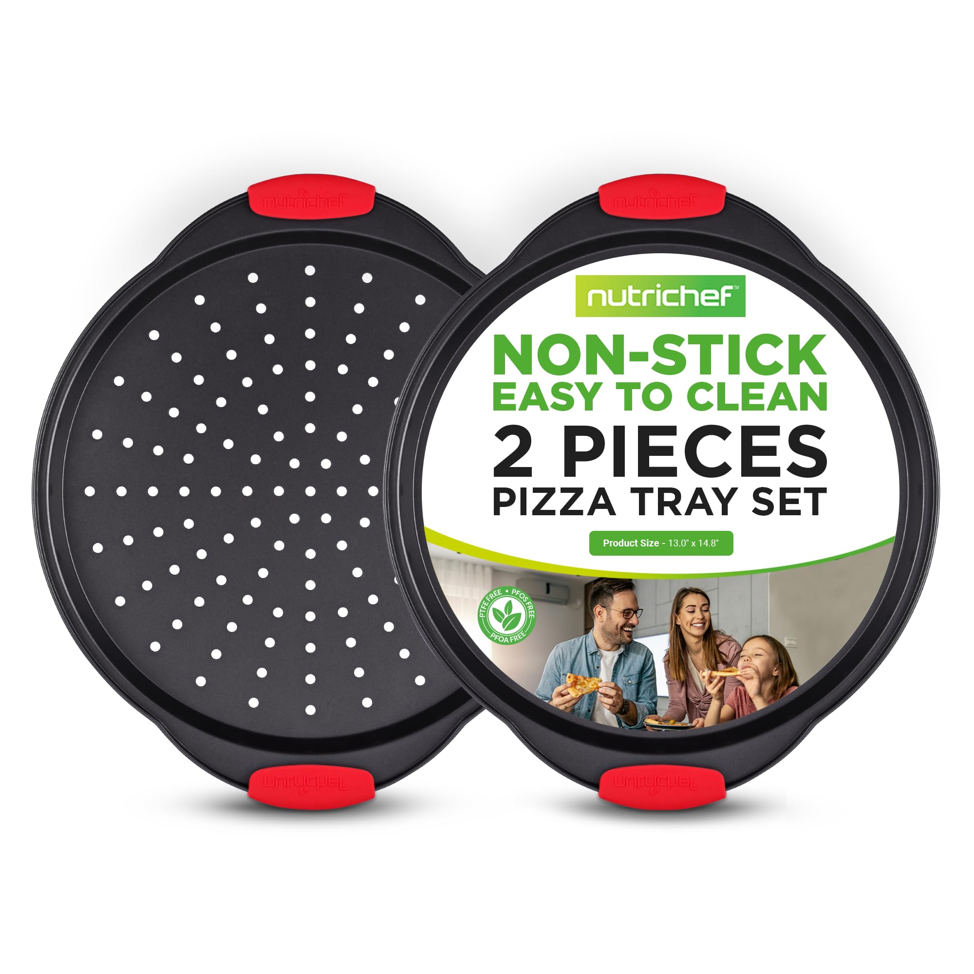 Nutrichef 2-Piece 13-Inch Nonstick Pizza Tray, Round Carbon Steel Non-Stick Pizza Baking Pan With Perforated Holes, Premium Bake