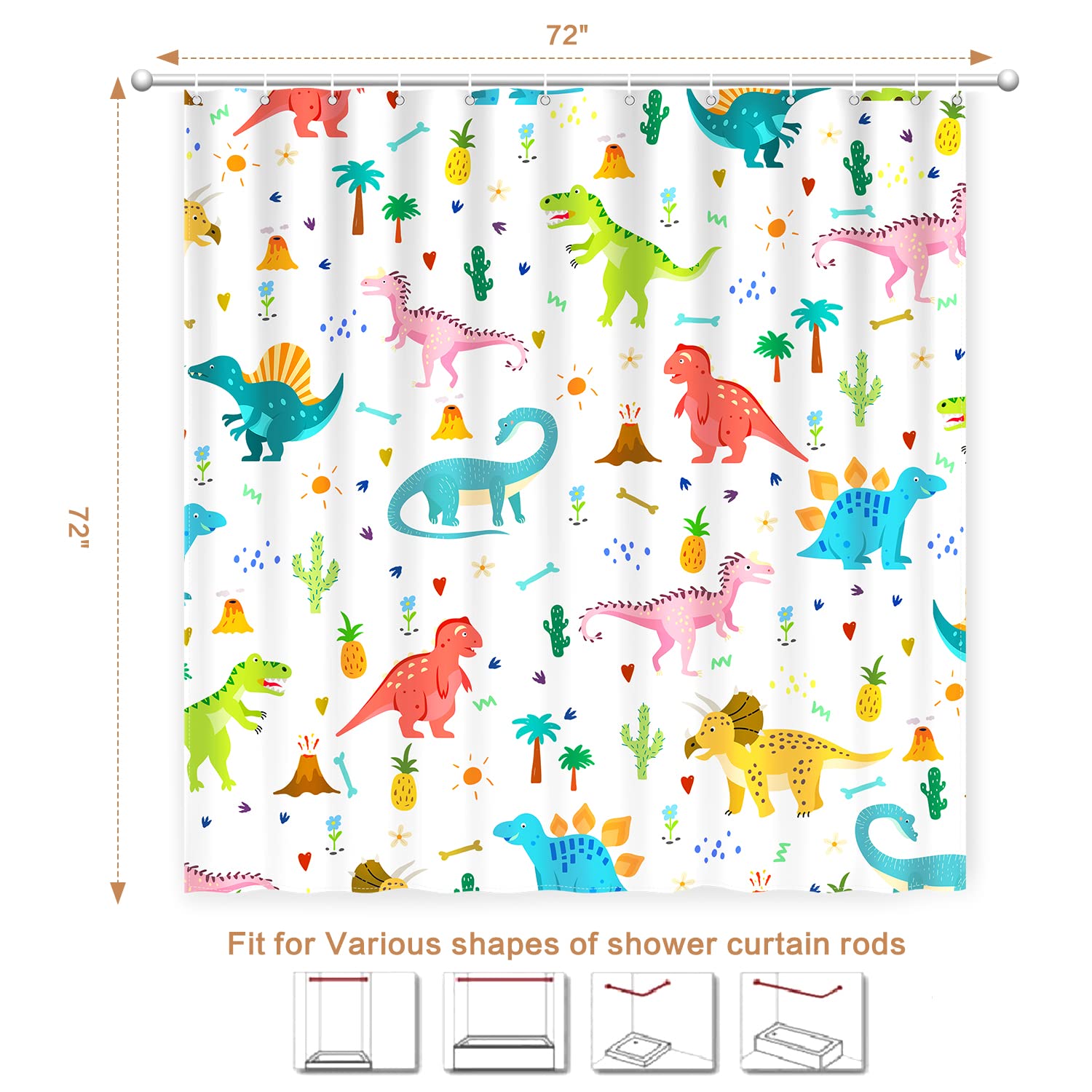 Shower Curtain Kids, Cartoon Dinosaur Shower Curtain Colorful Animals Plants For Boys Girls Polyester Fabric Waterproof Shower C