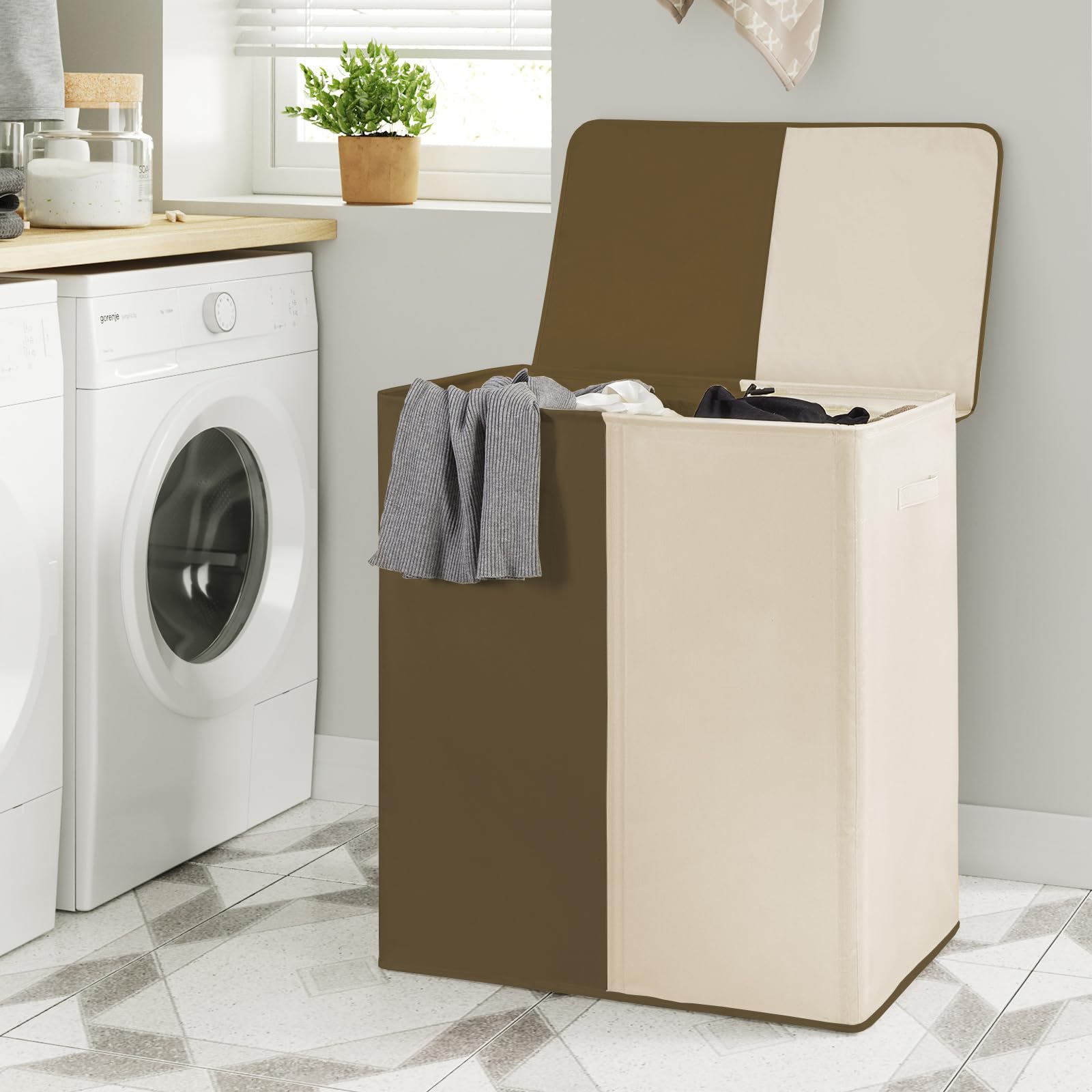 Wowlive Double Laundry Baseket With Lid And Removable Laundry Bags,154L Large Laundry Hamper 2 Section Collapsible Dirty Clothes