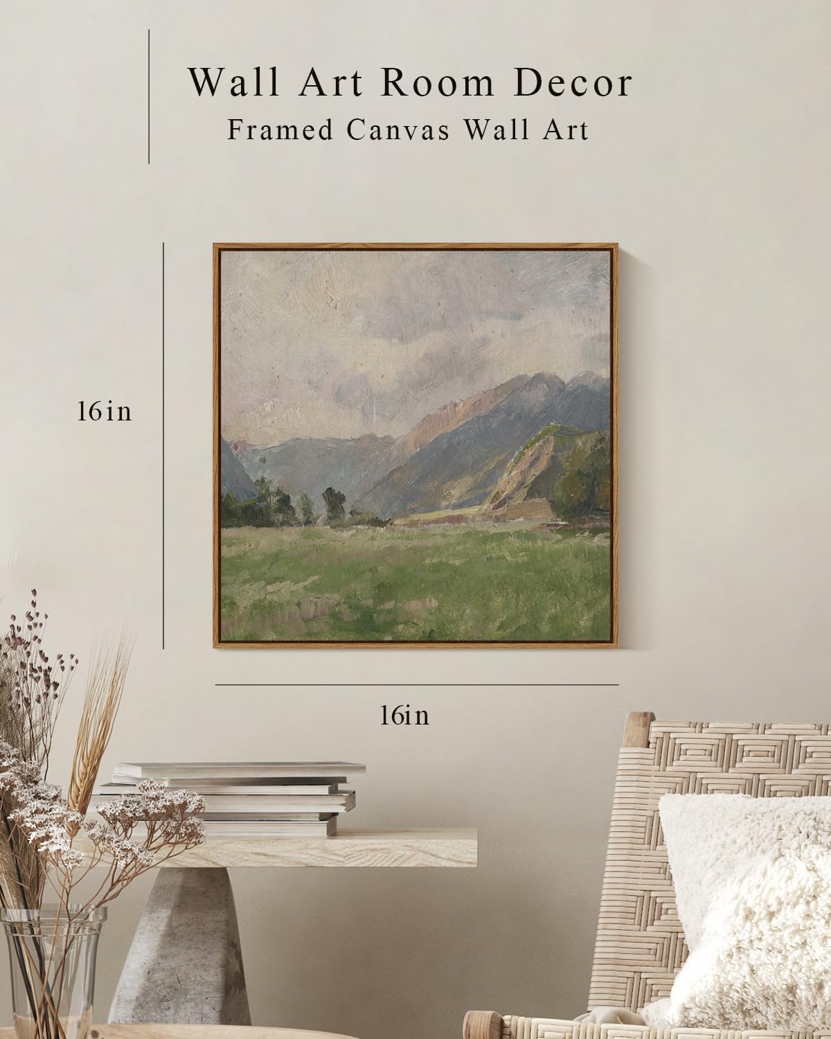 Insimsea Square Framed Canvas Wall Art, Farmhouse Room Decor Vast Prairie Mountain Wall Decor, Natural Scenery Wall Art For Livi