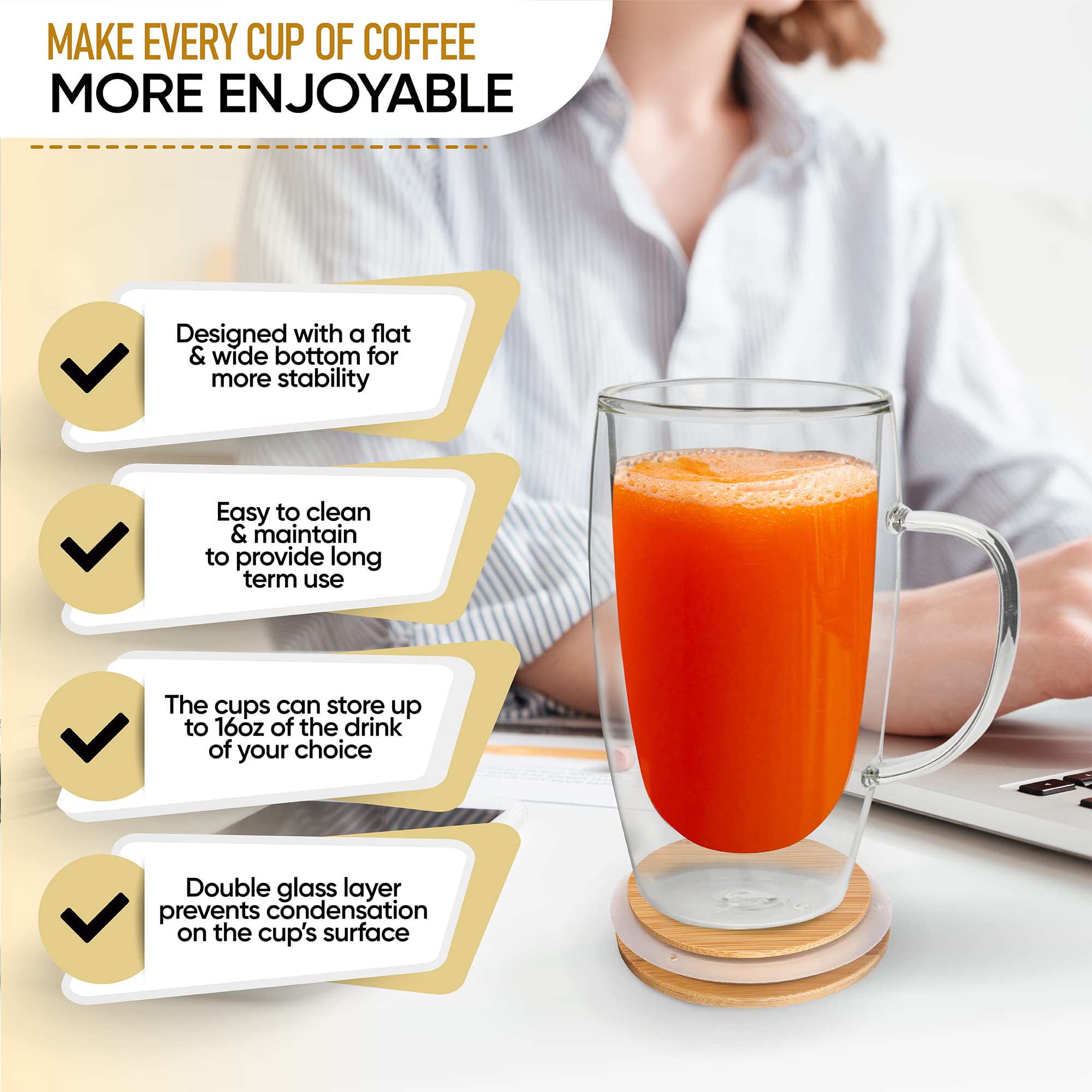 Double Walled Glass Coffee Mugs By Chef''s Unique Insulated Coffee Mugs With Handle And Bamboo Lid  Clear Glass Cups For Coffee Tea Latte Cappuccino Espresso 16 OZ (Set of 2)