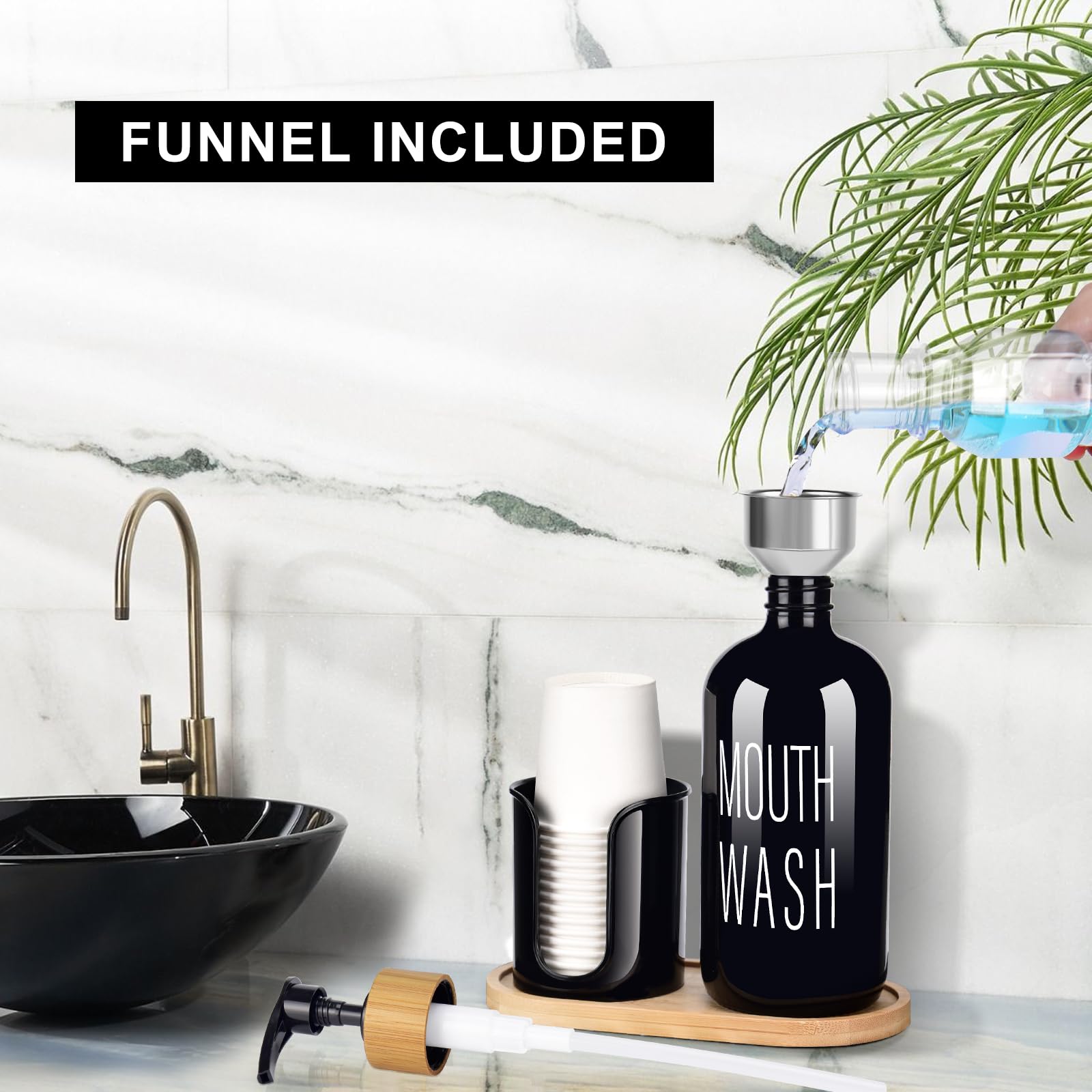 Byaway Black Mouthwash Dispenser For Bathroom - 16Oz Pump Glass Bottle With Cup Holder, 14 Mouthwash Cups,Bamboo Tray, And Funne