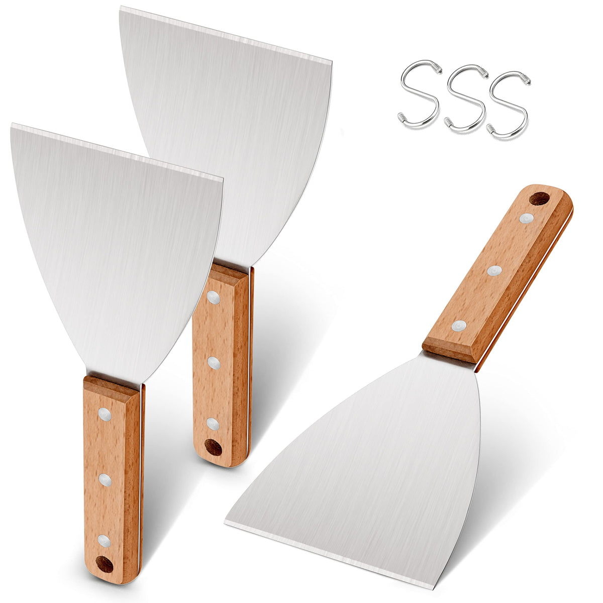 Grill Griddle Scraper Set Of 3, Leonyo Stainless Steel Metal Grill Scraper Tool For Flat Top Teppanyaki Bbq, Versatile Scraper F