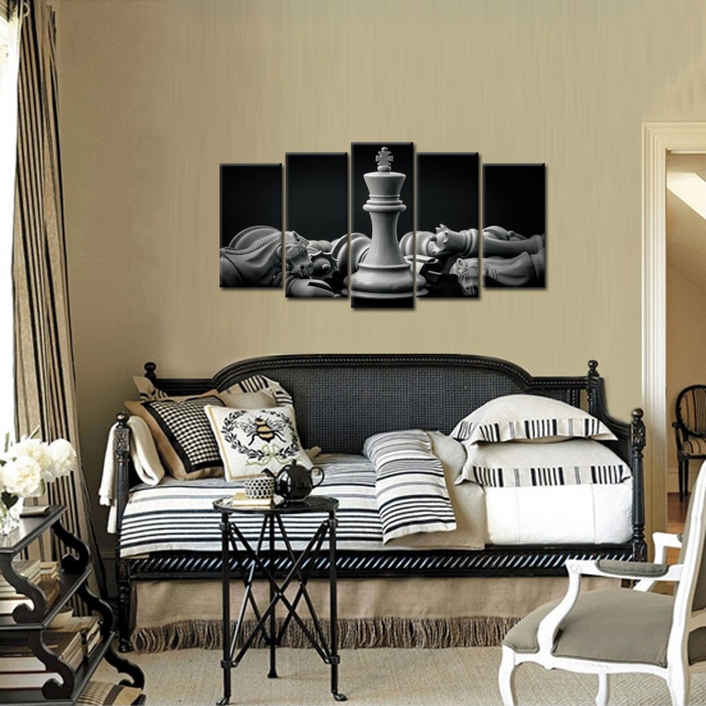 Kreative Arts - Blak and White King and Knight of Chess Setup on Canvas Wall Art Paintings 5 Pieces Pictures Prints Poster Art Artworks for For Living Room Wall Decor (Medium Size 40x24inch)