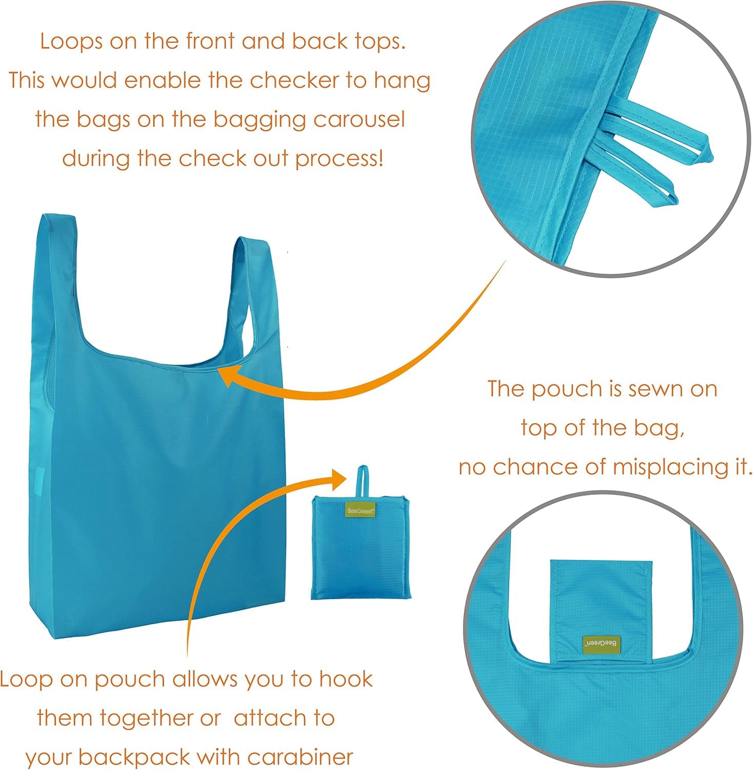 BeeGreen Light Blue Reusable Shopping Bags Wholesale Blue Reusable Grocery Bags Bulk Foldable-Machine Washable with Zipper Stora