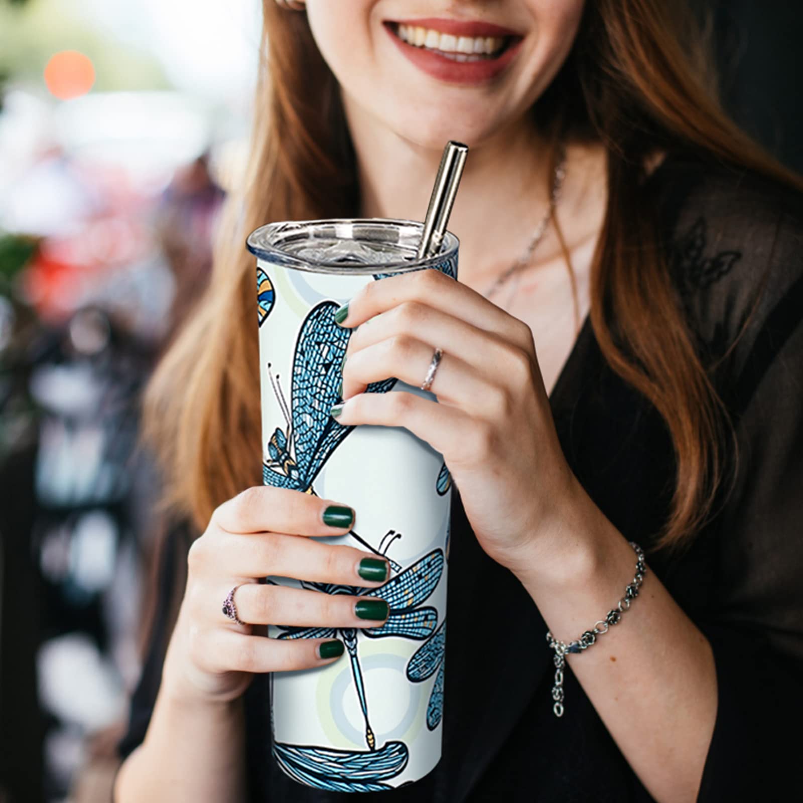 Heqianco Dragonfly Gifts For Women-20Oz Dragonfly Tumbler With Lid And Straw Dragonfly Cup Insulated Stainless Steel Dragonfly S