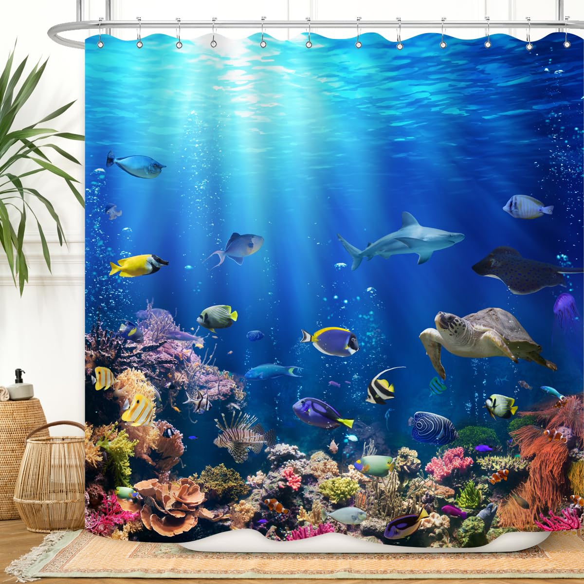 Zxmbf Ocean Underwater World Shower Curtain Colorful Tropical Fishes Turtle Coral In The Deep Sea Home D  Cor Waterproof Fabric