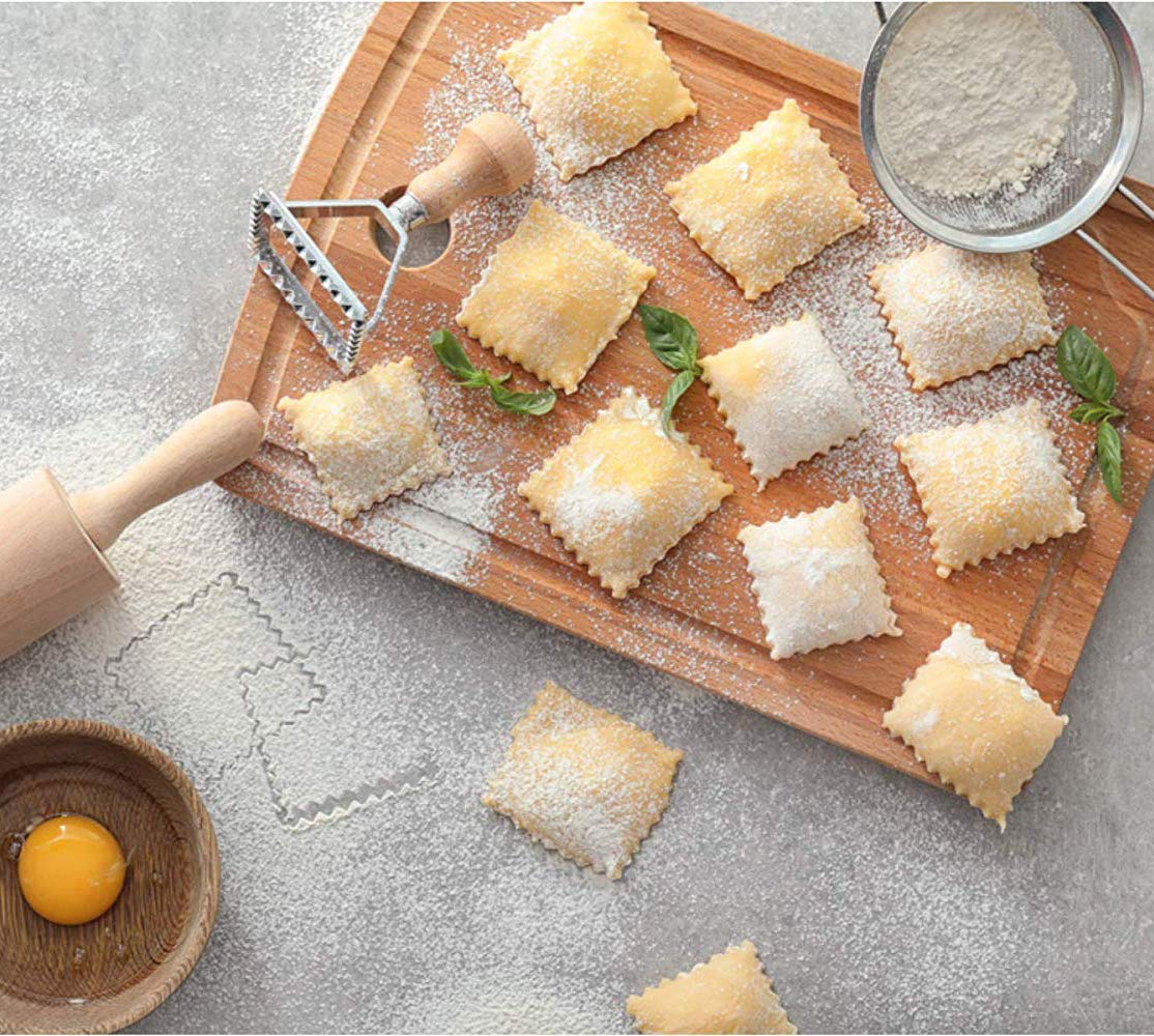 Master Feng Ravioli Stamp Maker Cutter With Roller Wheel Set, Mold With Wooden Handle And Fluted Edge, Pasta Press Kitchen Attac