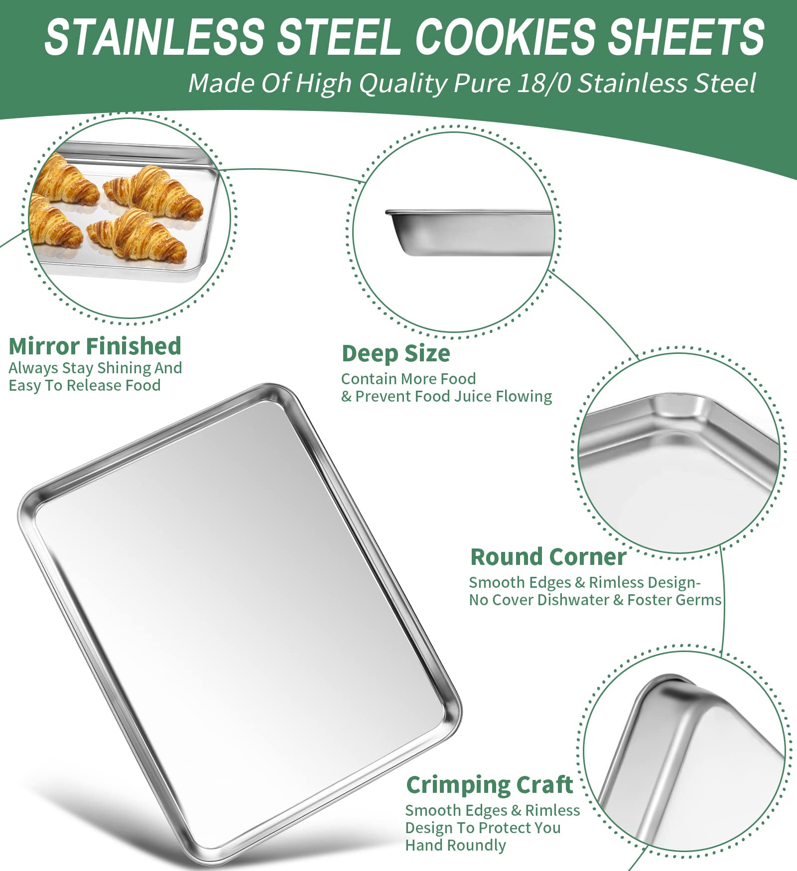 Baking Sheets Set Of 2, Hkj Chef Cookie Sheets 2 Pieces & Stainless Steel Baking Pans & Toaster Oven Tray Pans, Rectangle Size 1