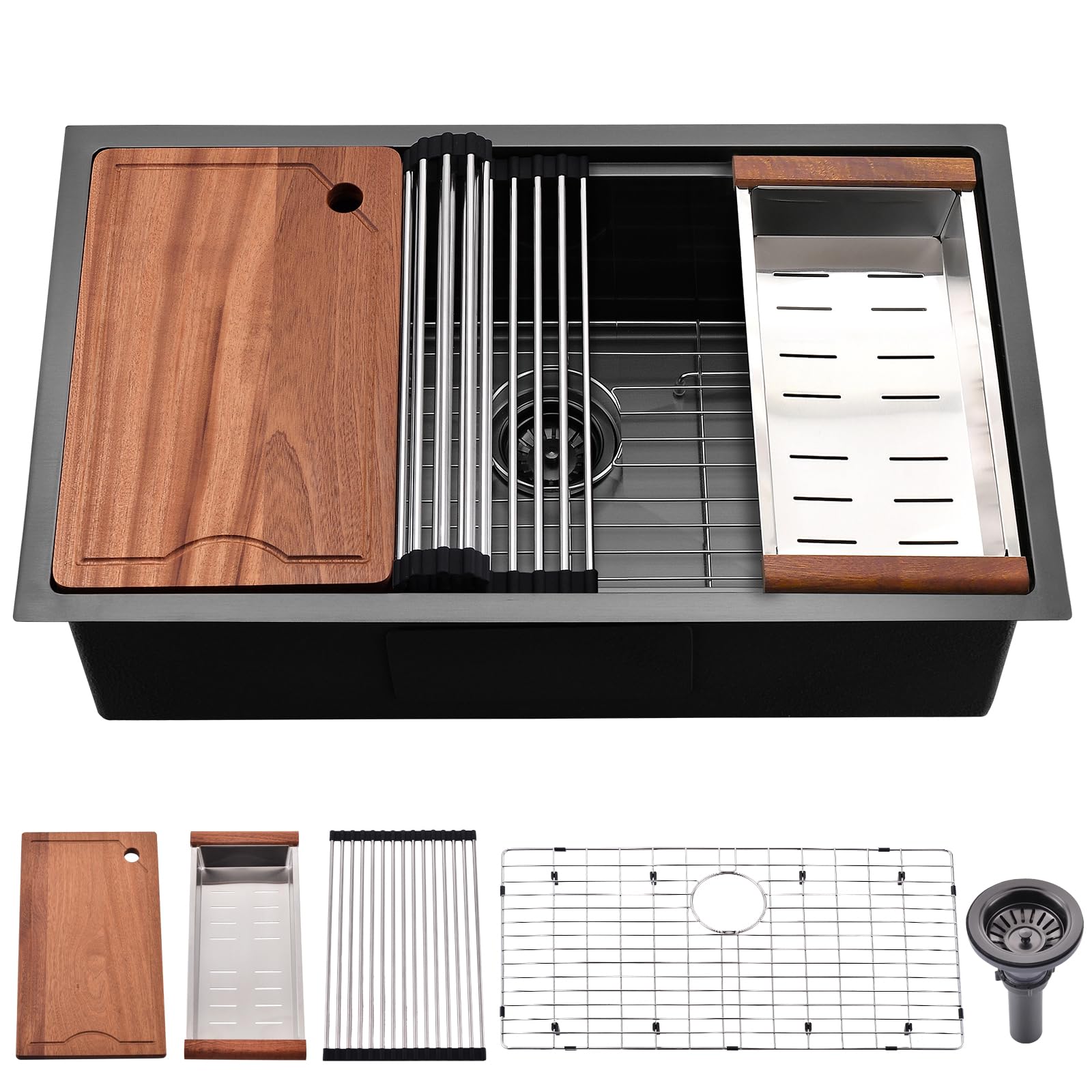 SOMRXO 28 Inch Black Stainless Steel Undermount Kitchen Sink Workstation 28?8 Kitchen Sink Undermount Workstation Ledge Gunmetal Black Stainless Steel Kitchen Sink 10'' Deep Single Bowl Kitchen Sinks