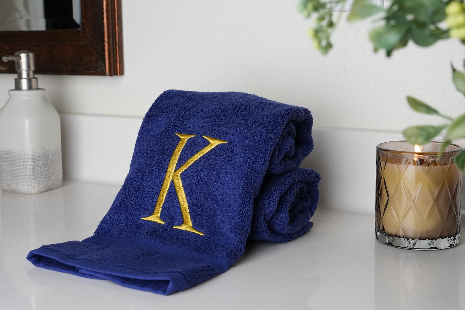 Navy Monogrammed Hand Towels For Bathroom - Navy And Gold Luxury Hotel Quality Personalized Initial Decorative Embroidered Towel