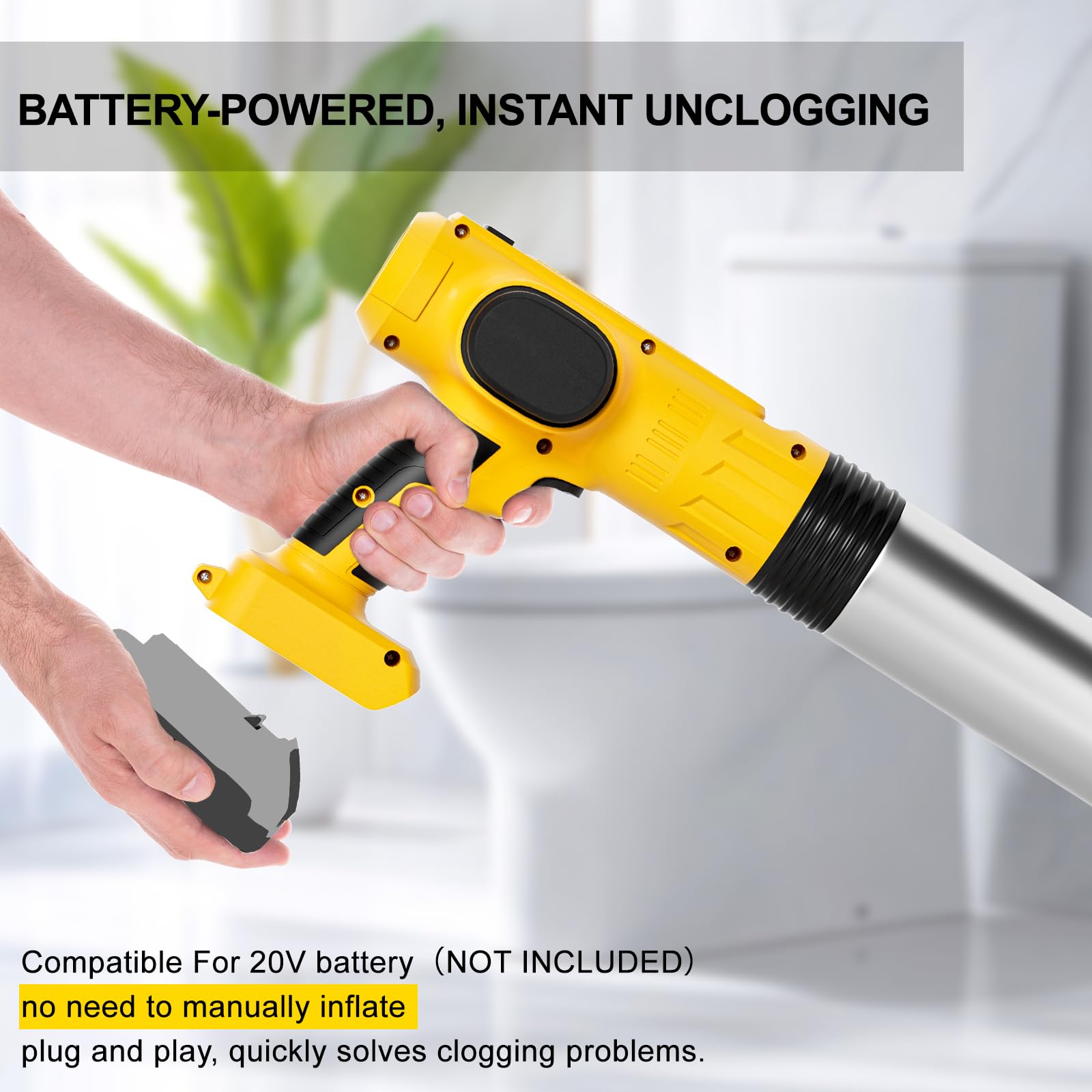 Electric Toilet Plunger Pro Compatible For Dewalt 20V Battery (Not Included) - Cordless Powerful High Pressure Unclogger, Drain
