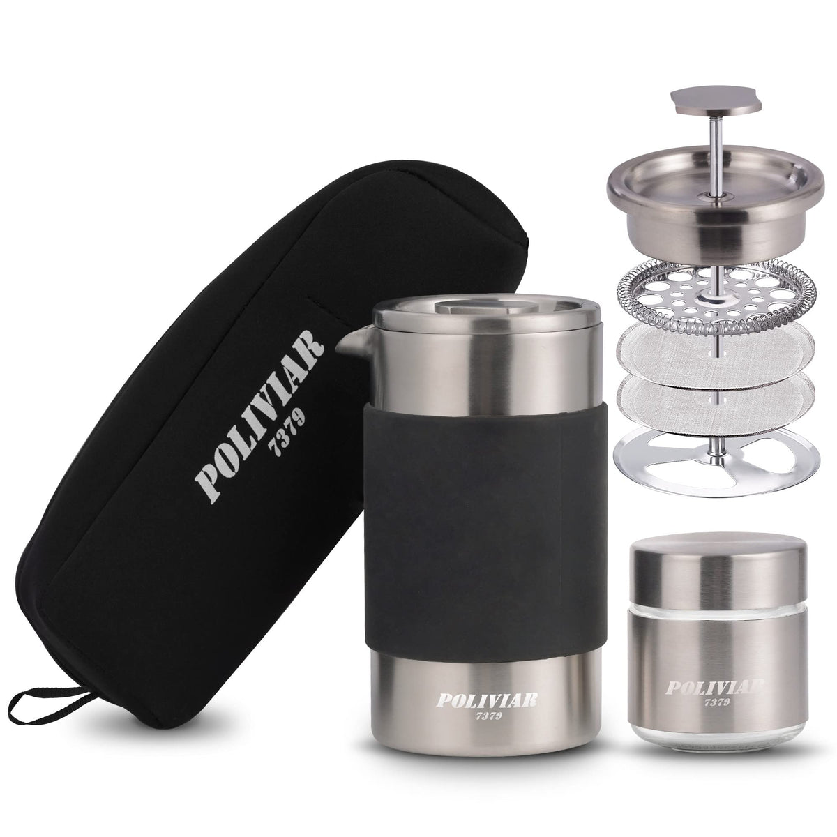 Poliviar French Press Coffee Maker, 12 Oz Portable French Press With Mini Canister And Collection Bag, Double Wall Insulation &