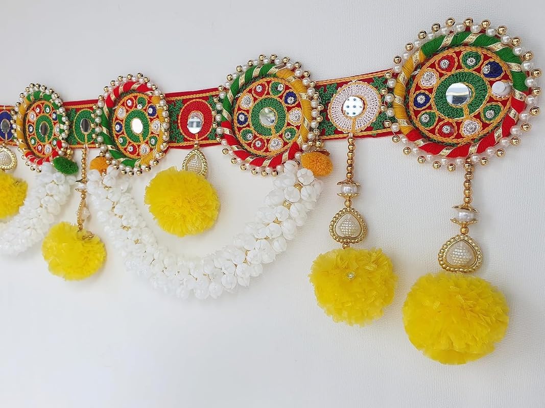 Divyakosh Toran/Bandanwar for Home Decoration and Office, Round Embroidery Work and Pom Pom Mogra Flower Toran Traditional Decor