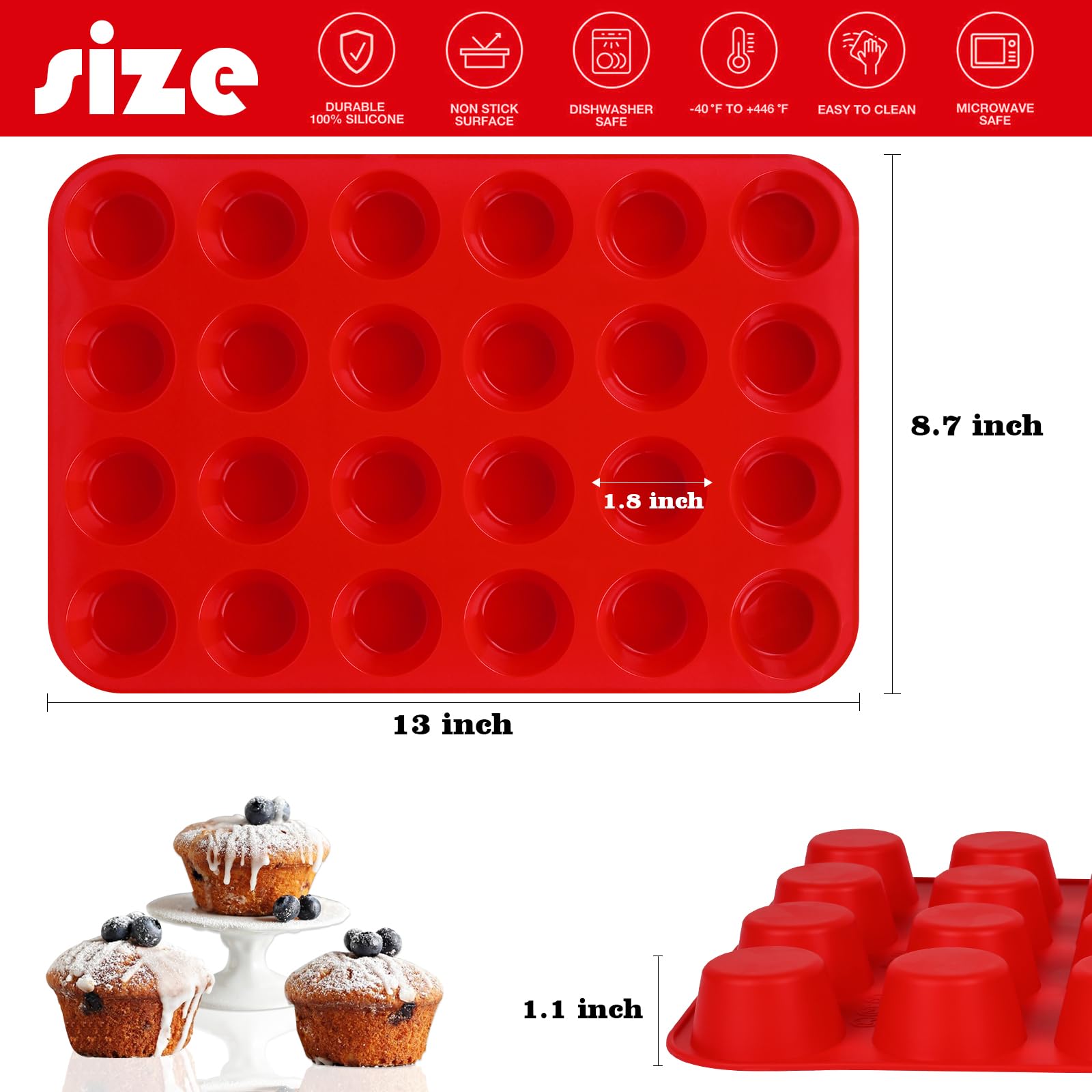Sakolla Silicone Muffin Pan - 24-Cup Silicone Egg Bite Molds - Non-Stick Silicone Molds For Making Custard, Chocolate, Cupcakes,