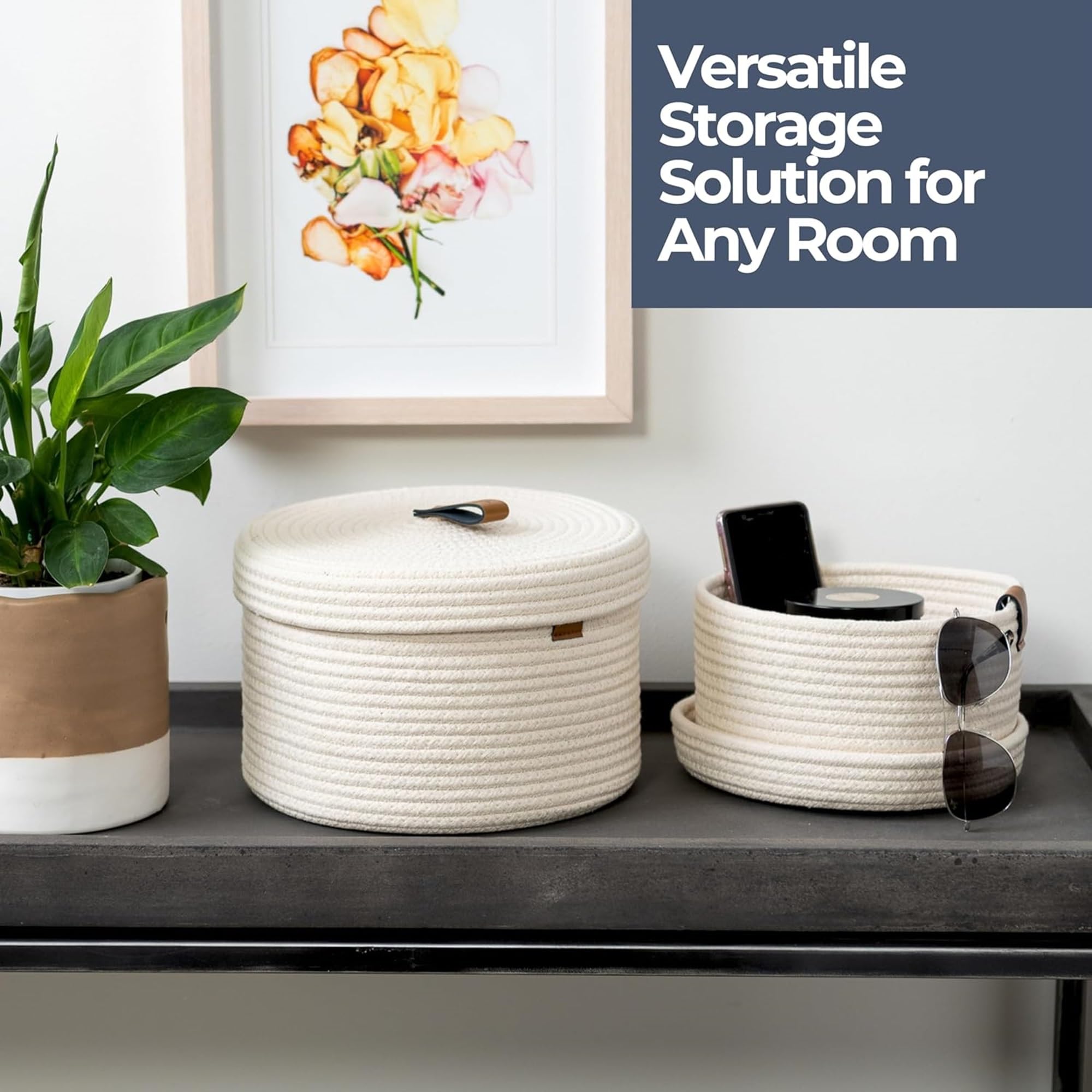 Denja & Co Set Of 2 Decorative Storage Baskets With Lids - Round Woven Baskets For Home Decor And Organizing - Small Shelf Baske