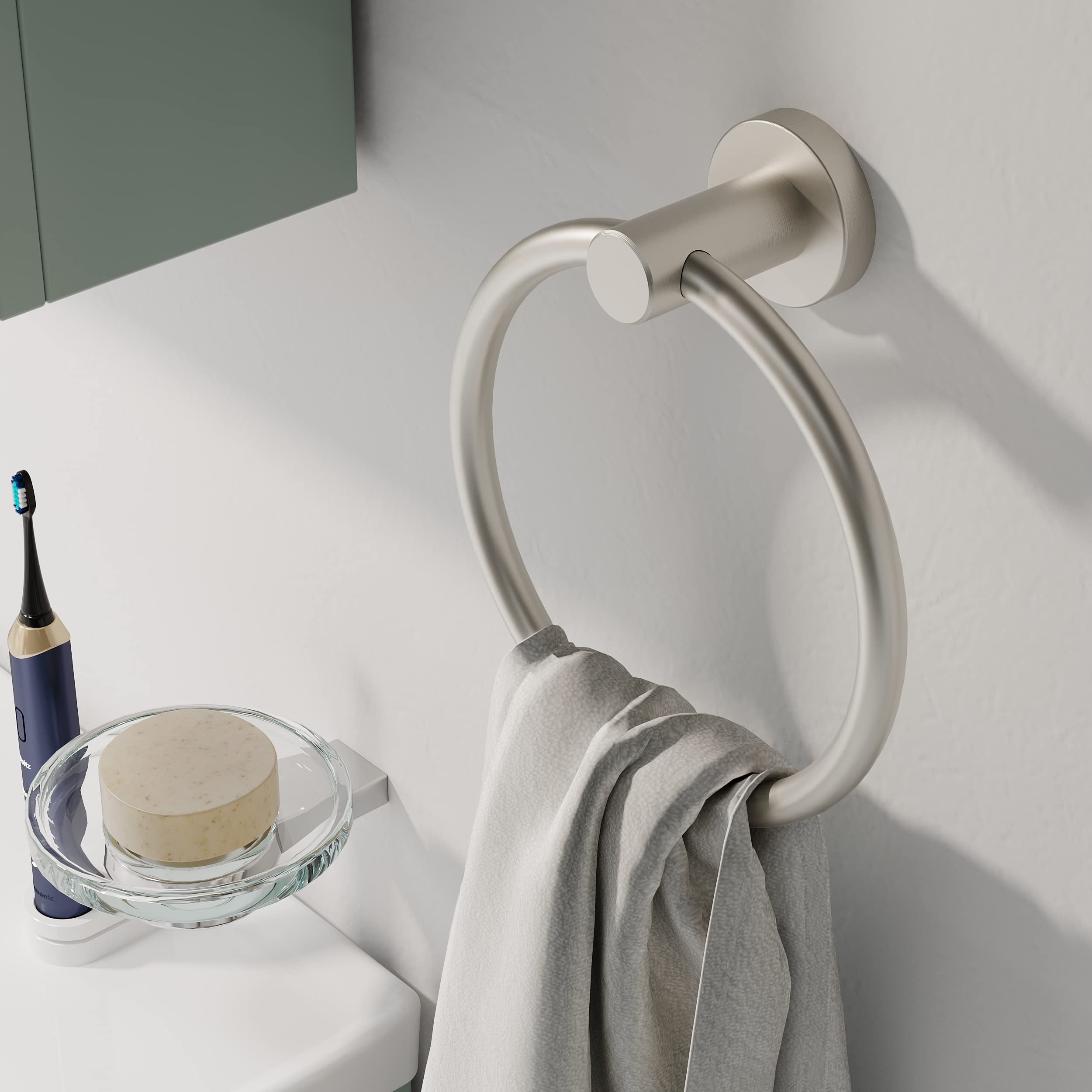 RARXTR Brushed Nickel Hand Towel Holder for Bathroom Kitchen Towel Ring Modern Rounded Base Wall Mount SUS304 Stainless Steel
