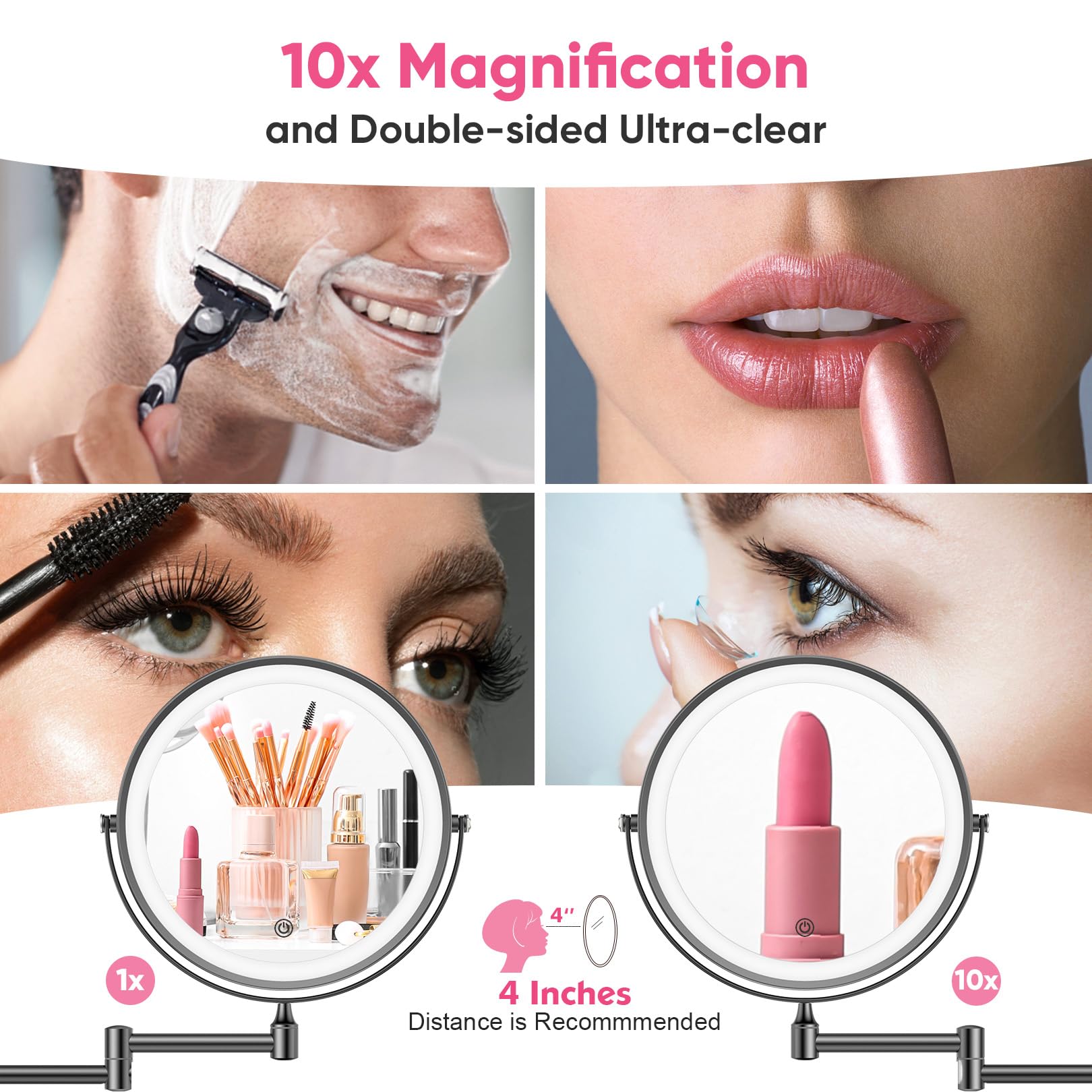 Fascinate Rechargeable Wall Mounted Makeup Mirror With Lights And Magnification, 8 Inch Double Sided 1X 10X Magnifying Bathroom