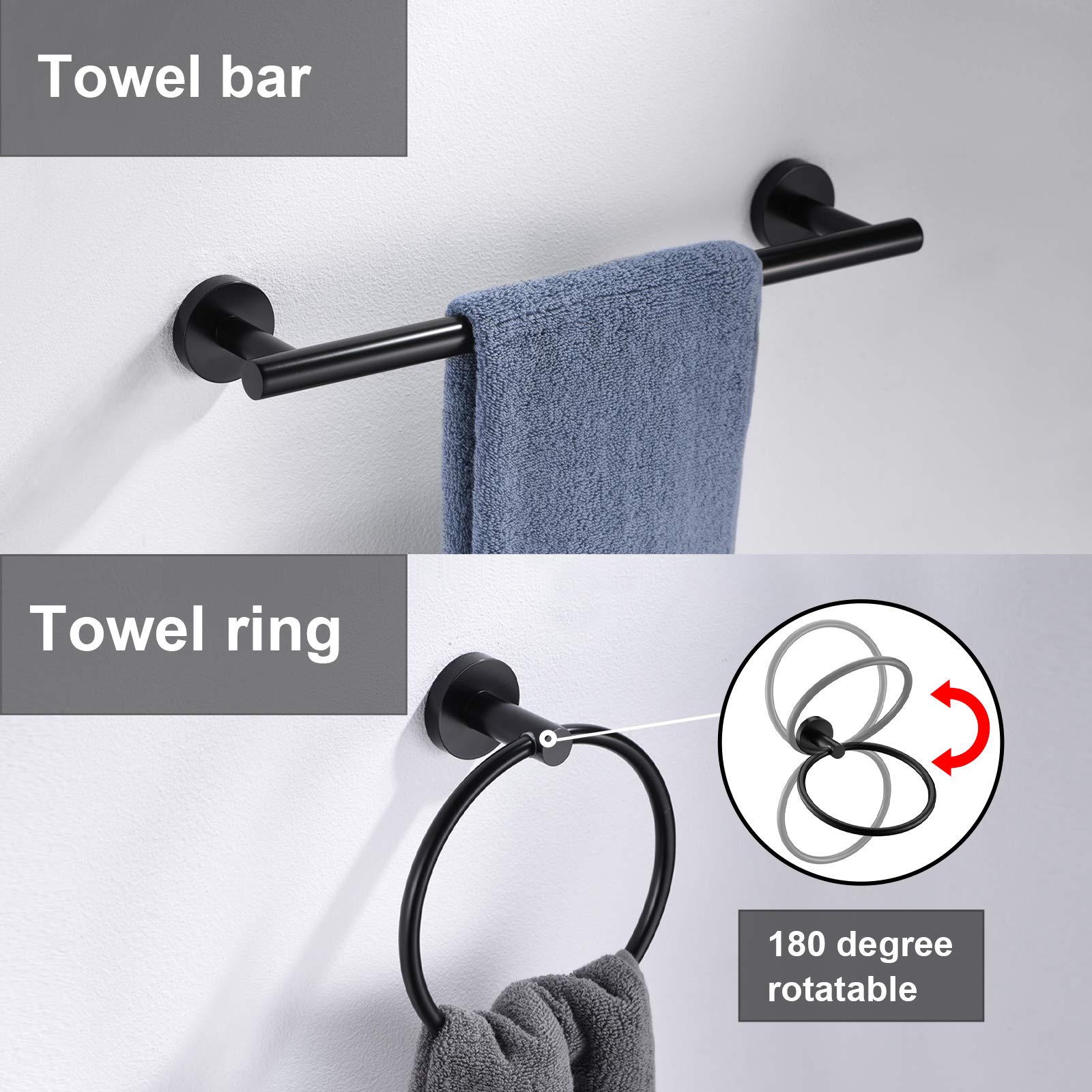 6 Pieces Matte Black Bathroom Hardware Accessories Set Hand Towel Ring 18&23.6 Inch Round Towel Bar Silver Toilet Paper Holder T