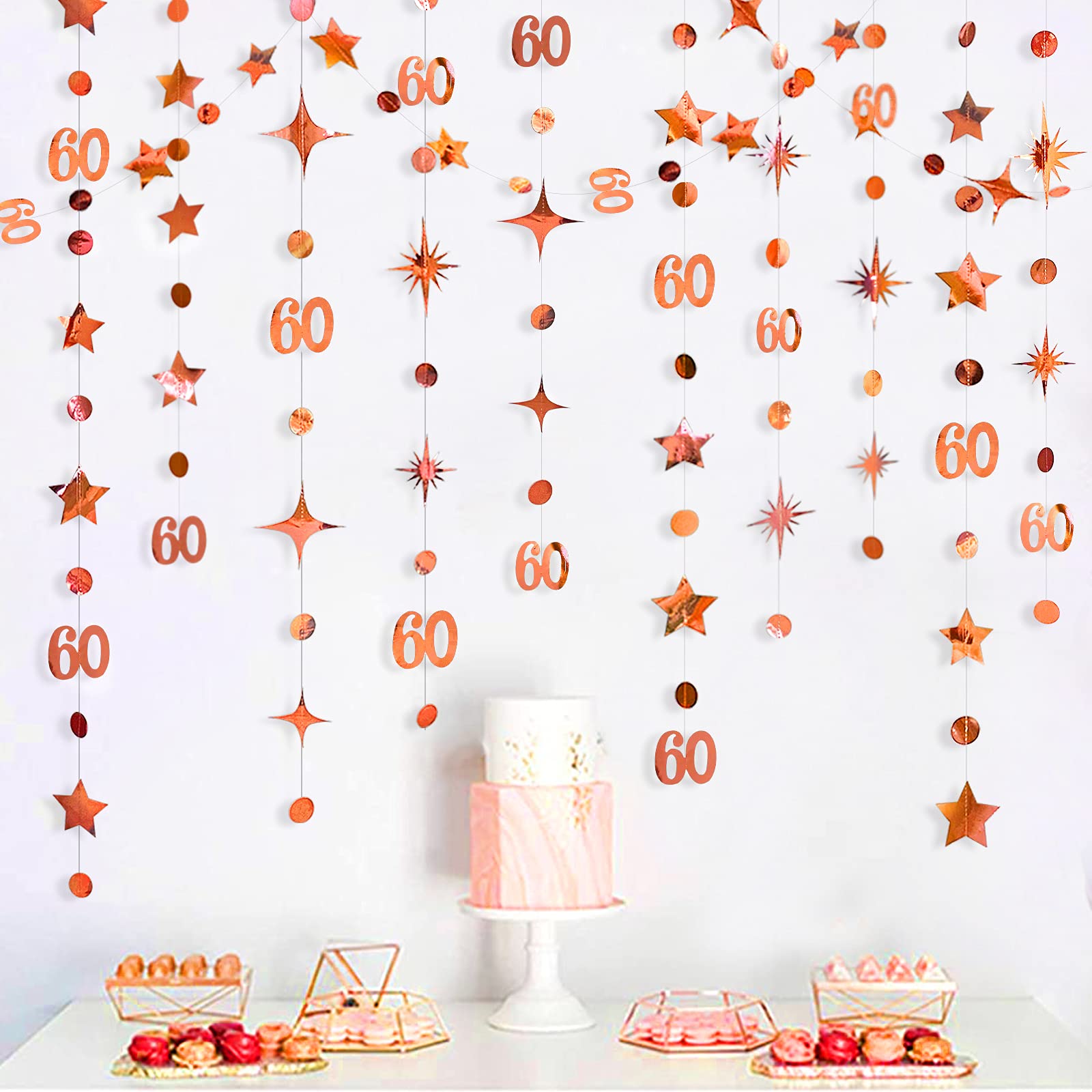 Rose Gold 60Th Birthday Decorations Number 60 Circle Dot Twinkle Star Garland Metallic Hanging Streamer Bunting Banner Backdrop