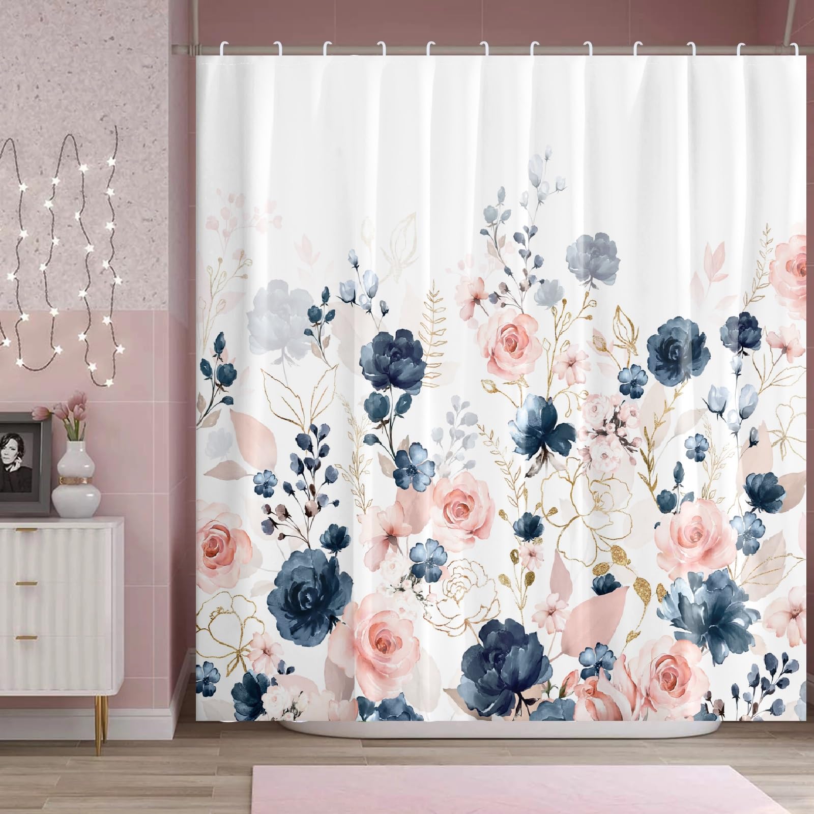 Bivinar Navy Blue And Pink Floral Shower Curtain, Watercolor Flowers Bathroom Shower Curtain, Waterproof Fabric Shower Curtain W