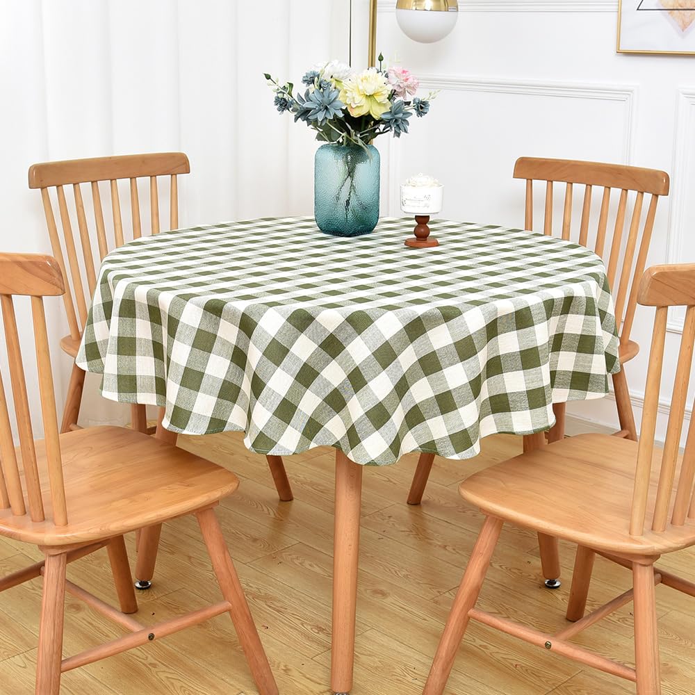 Yofori Gingham Round Tablecloth Table Cloth Heavy Duty Cotton Checkered Table Cloth Round Cover for Dining Room(R-Green, 53 inch
