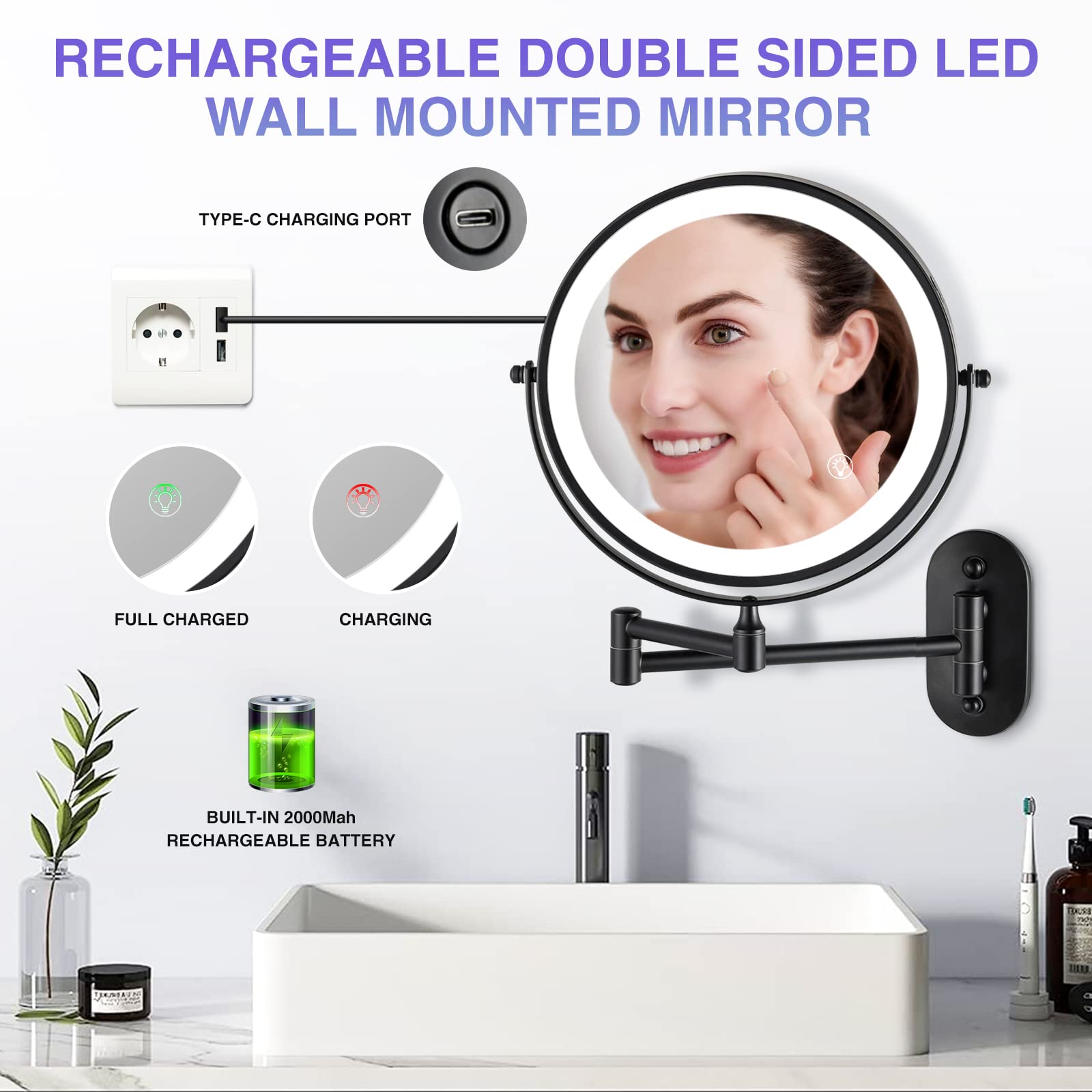 Rechargeable Wall Mounted Makeup Mirror, 8.5 Inch Double-Sided 1/10X Magnifying Bathroom Mirror With 3 Color Lights, Lighted Van