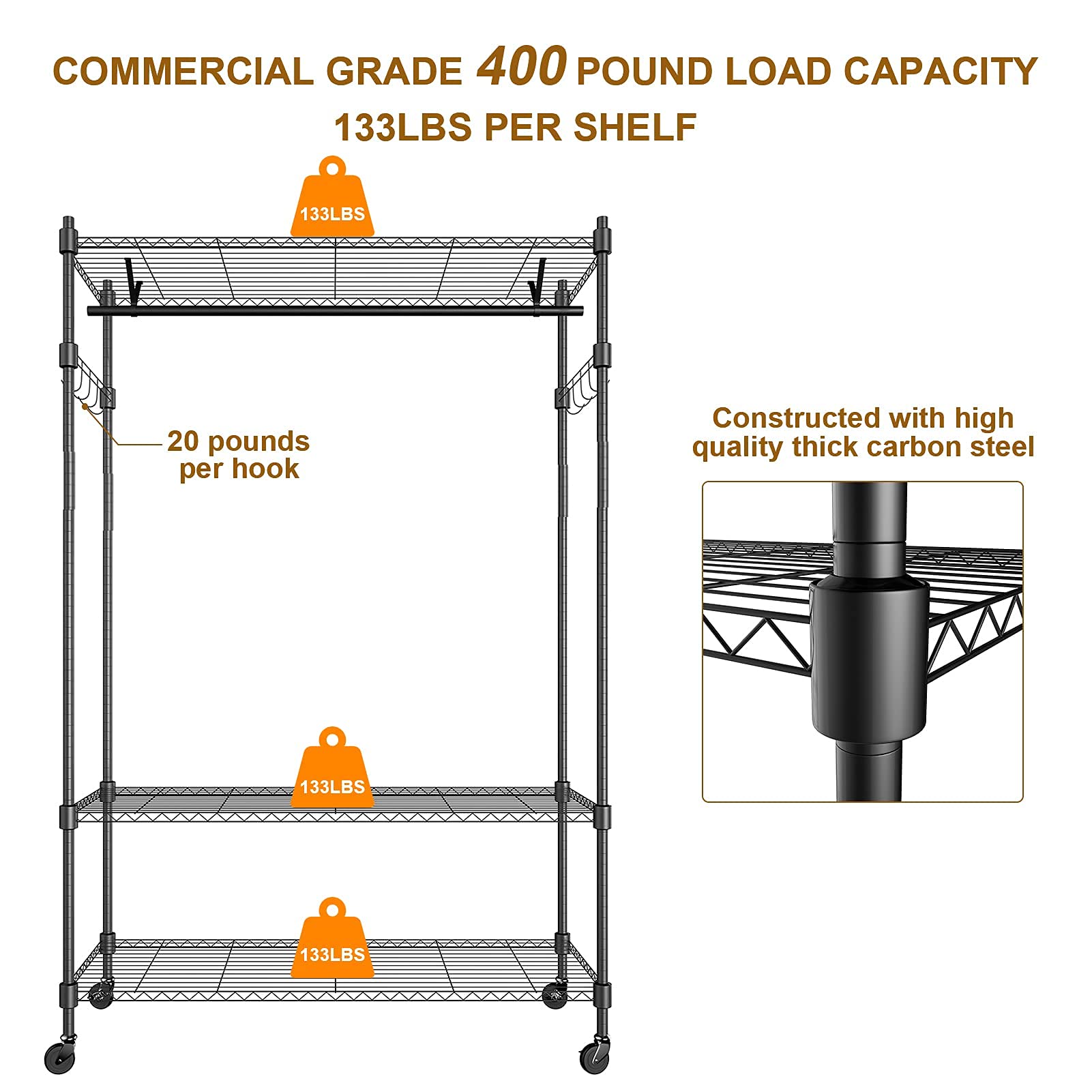 Rolling Garment Rack with Adjustable Wire Shelf  3 Tired Clothes Rack including 1 Clothes Hanging Bar  1 Roating Hanger Hooks - Hold Up to 400Lbs (Black  1Rod 1Hook)