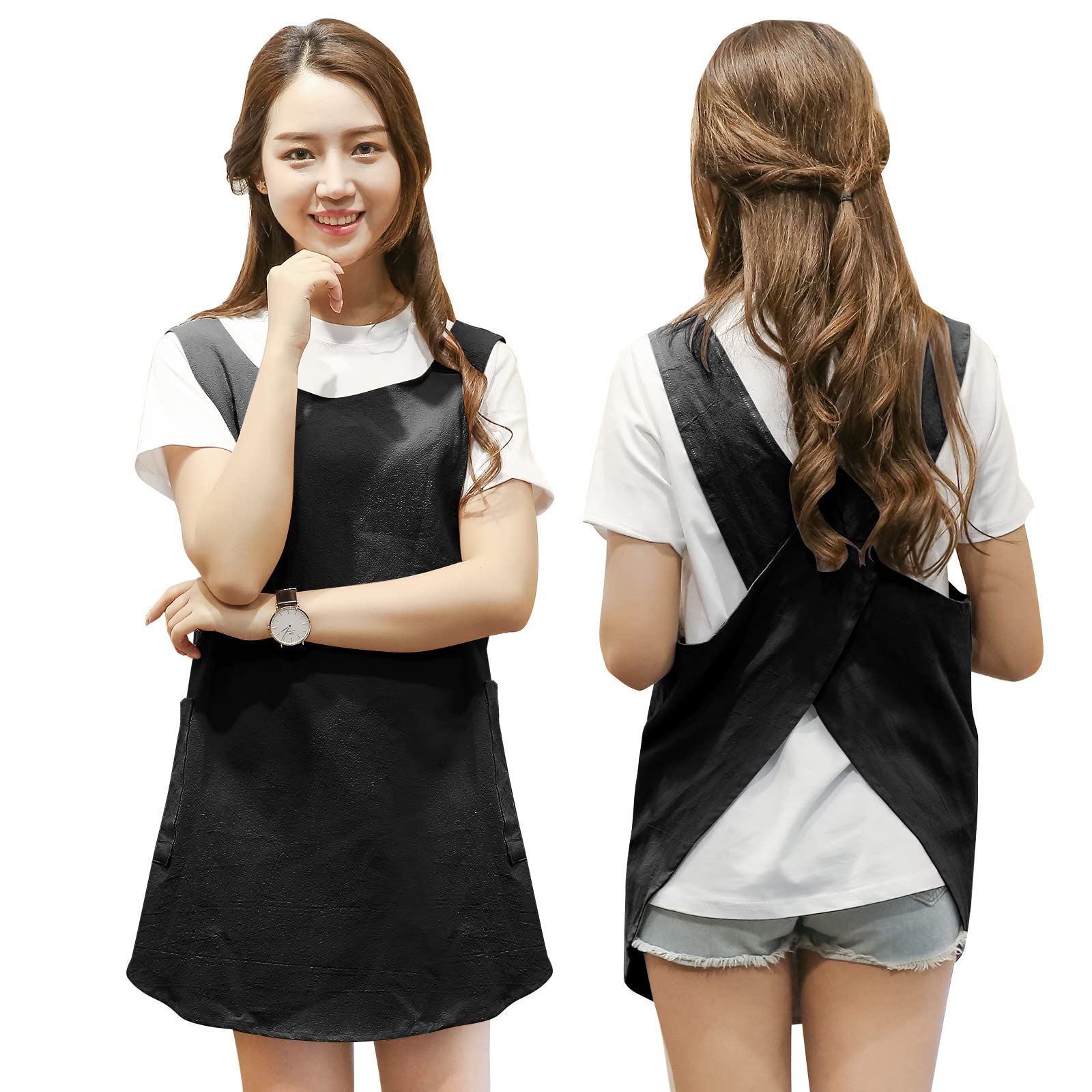Shortened Design Apron, Japanese Style Soft Cotton Linen Apron With Two Side Pockets, X Cross Halter Apron, Kitchen Cooking Clot