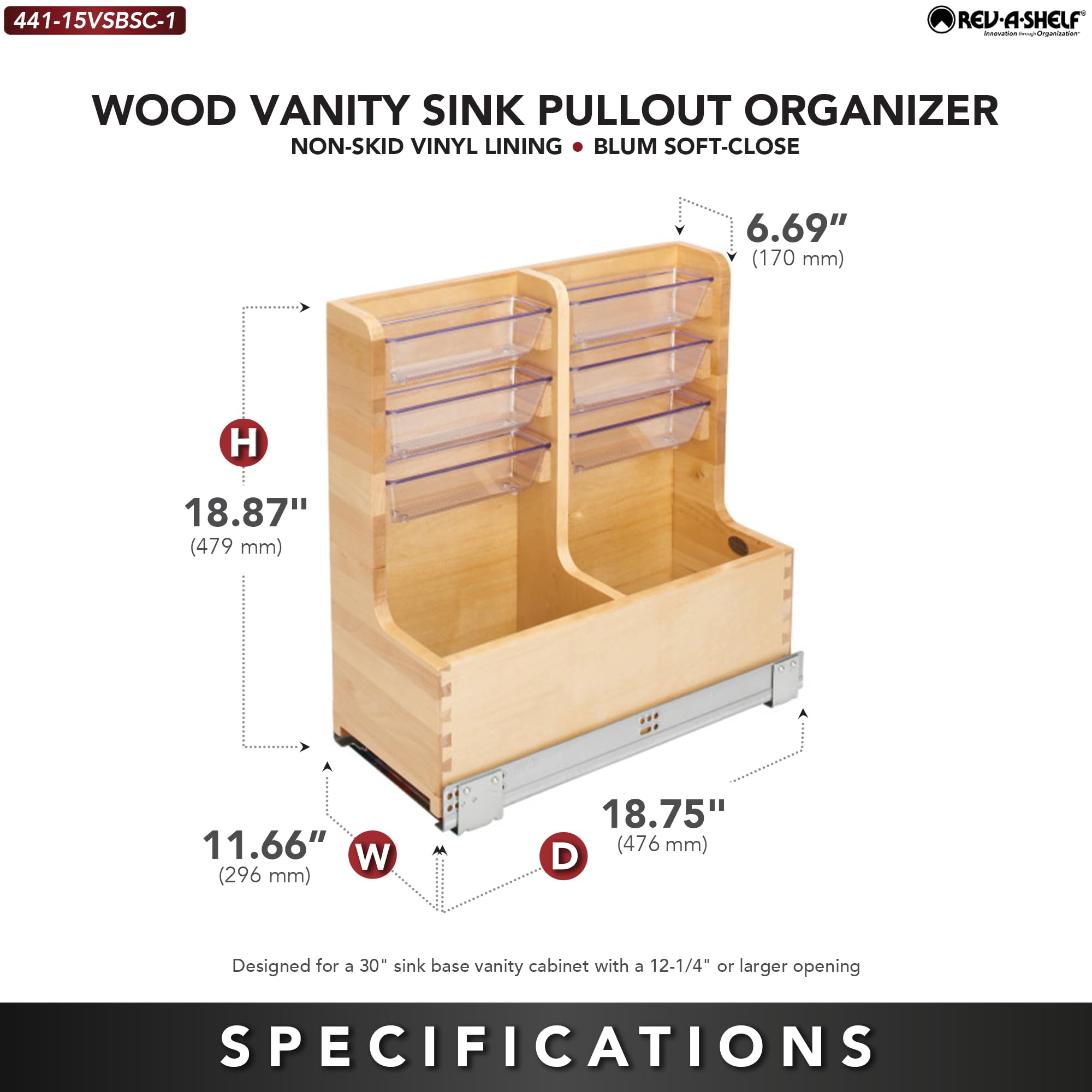 Rev-A-Shelf 30'' Wood Vanity Sink Pull Out Organizer Cabinet Storage W/Soft-Close For Kitchen Or Bathroom, Maple Wood, 441-15Vsb