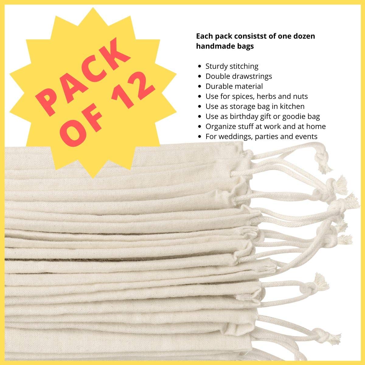 Dr 100 Percent Cotton Muslin Drawstring Bags 12-Pack For Storage Pantry Gifts, Birthday (5 X 7 Inch - 12 Pack, Beige)