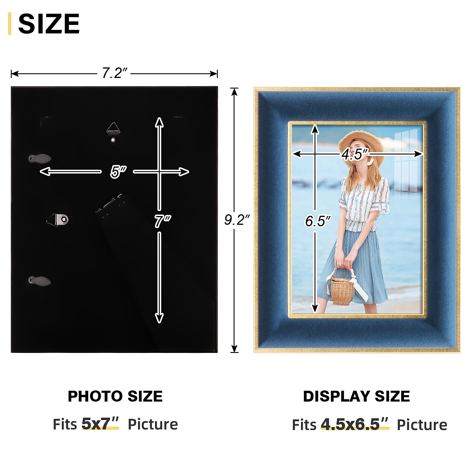 KSROECUD 5x7 Velvet Picture Frame, Navy Blue Photo Frames with Modern Simple Metallic Gold Border, HD Real Glass Horizontal & Ve